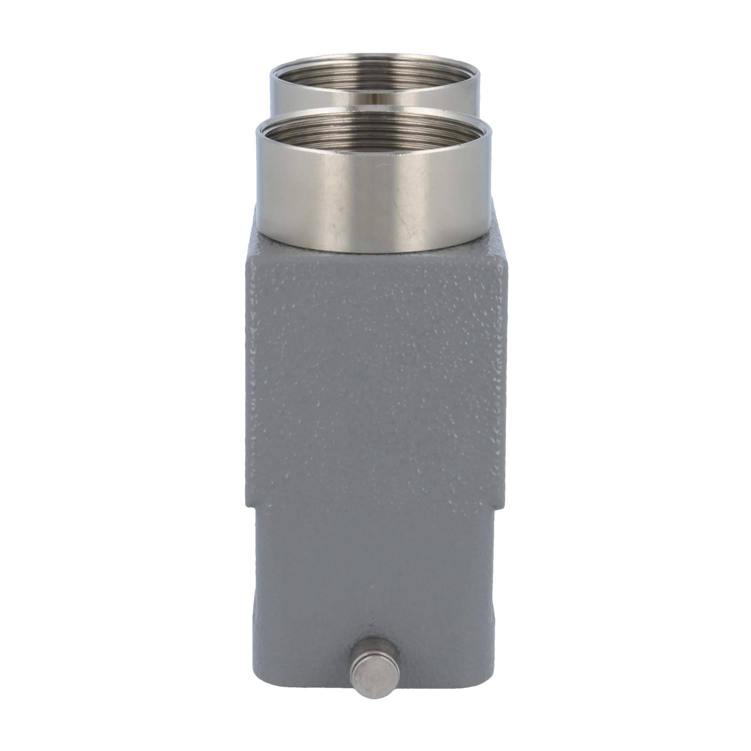 Ein Zweizylinder-Halter mit grauem Metallrahmen und zwei zylindrischen Öffnungen zum Sichern von Flaschen oder Behältern.