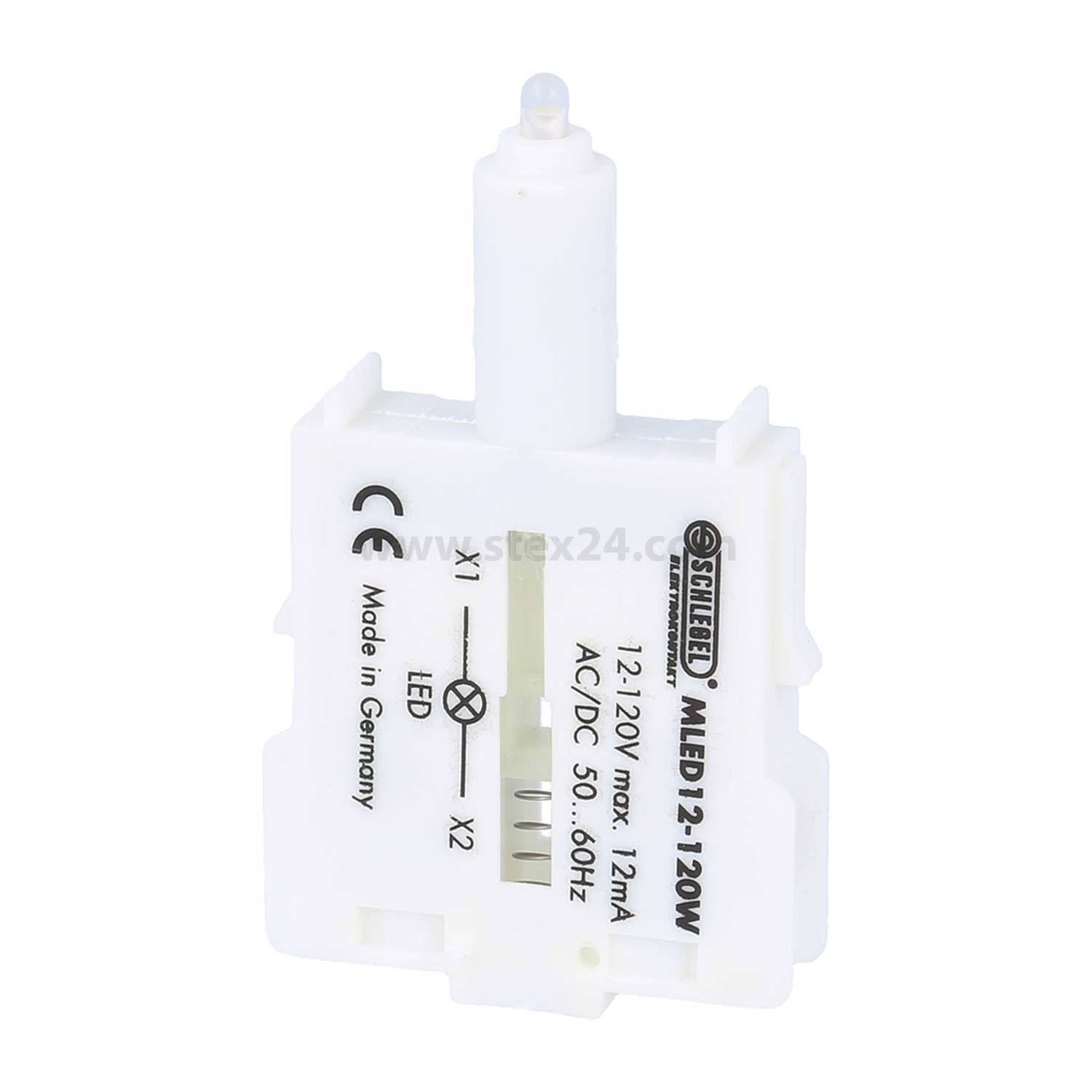 Eine elektronische Komponente mit der Beschriftung 'Schreder M-LED B 21,20W'. Ausgestattet mit zwei Eingangssteckplätzen (X1, X2) und LED-Anzeige. Hergestellt in Deutschland.