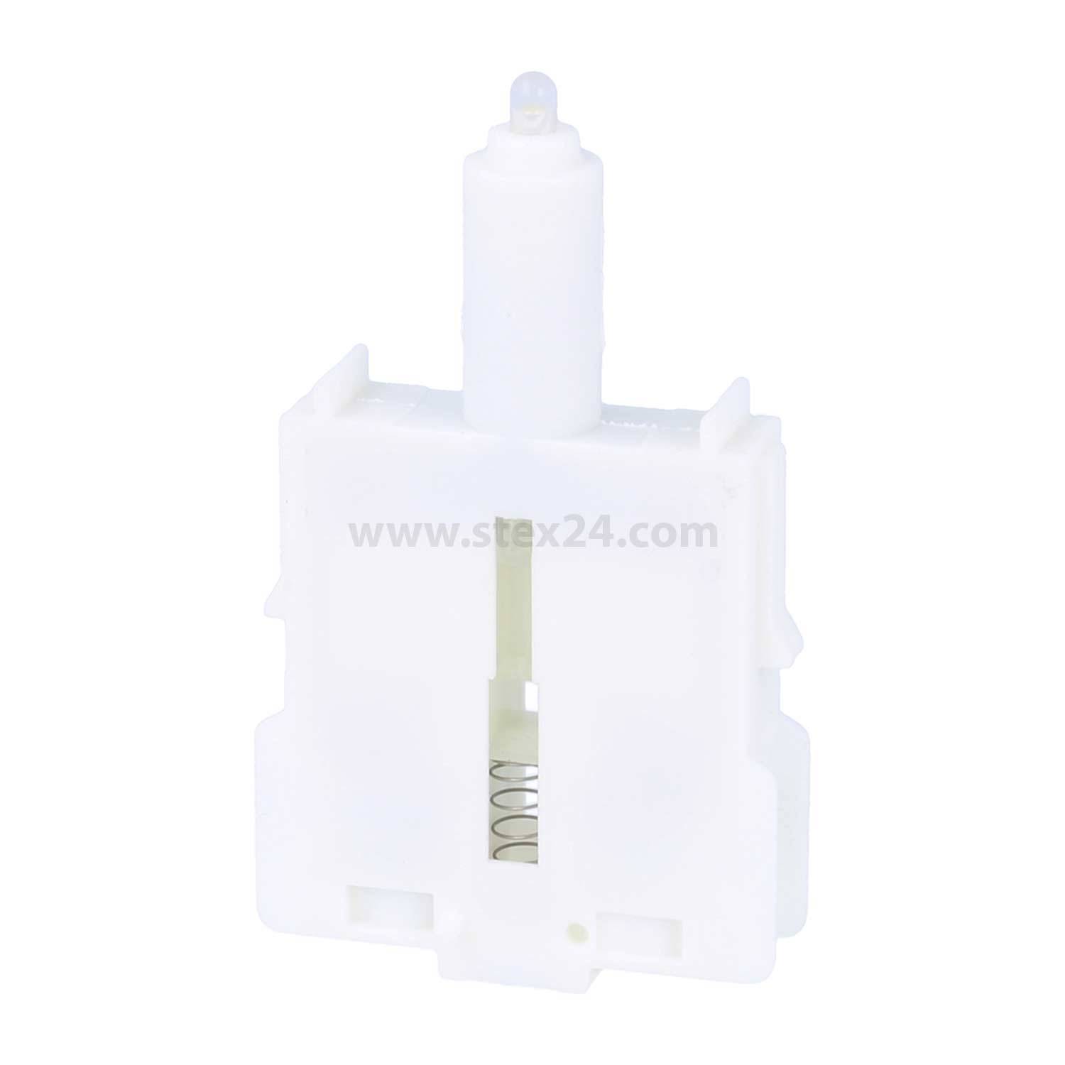 Weißes mechanisches Bauteil mit zentralem Federmechanismus und zylindrischer Oberseite, wahrscheinlich in elektronischen oder mechanischen Geräten verwendet.