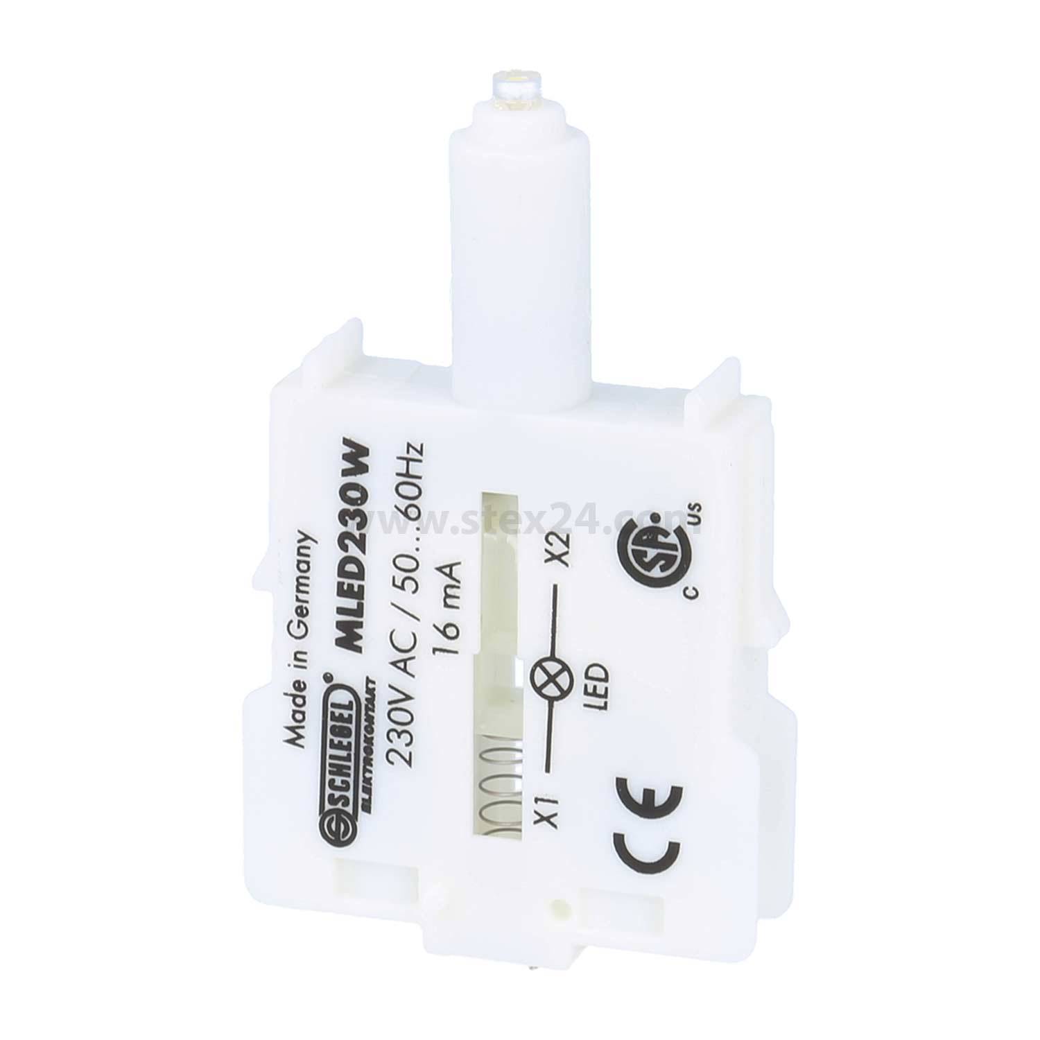 Eine weiße elektrische Komponente mit der Beschriftung '230V AC / 50-60Hz', mit Anzeigen 'X1', 'X2', 'LED', versehen mit Konformitätszeichen und 'Made in Germany'.