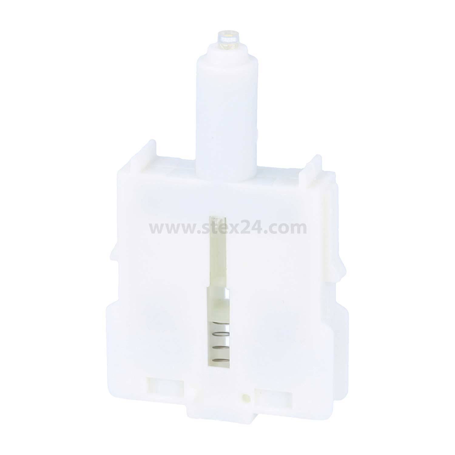 Eine weiße Plastikkomponente mit einem vertikalen zylindrischen Oberteil und rechteckiger Basis, die für elektrische oder mechanische Anwendungen verwendet wird.
