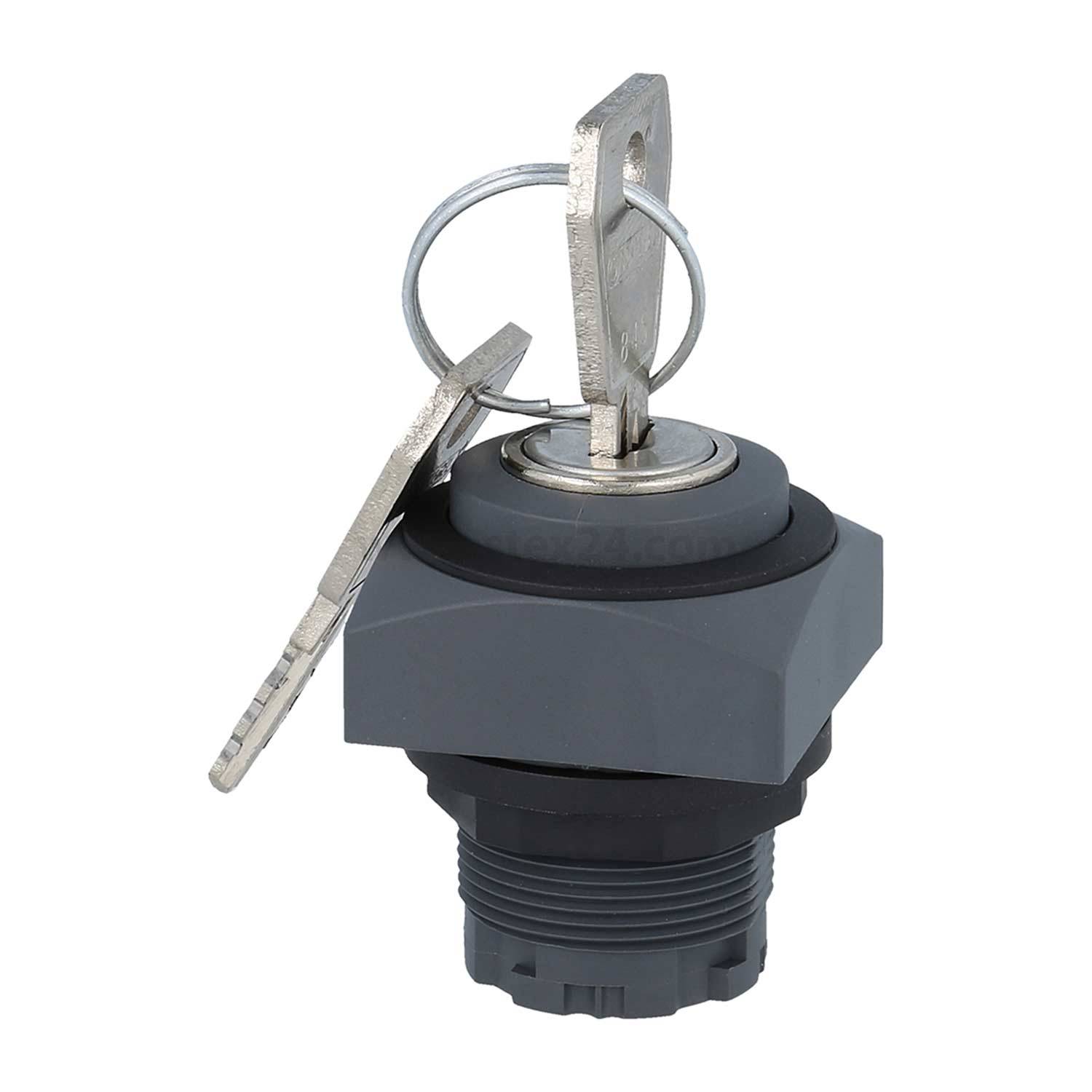 Ein Schlüssel, der in einem grauen, sechseckigen Schlossschalter mit schwarzer Basis eingesetzt ist, der mit einem Metallring befestigt wird.