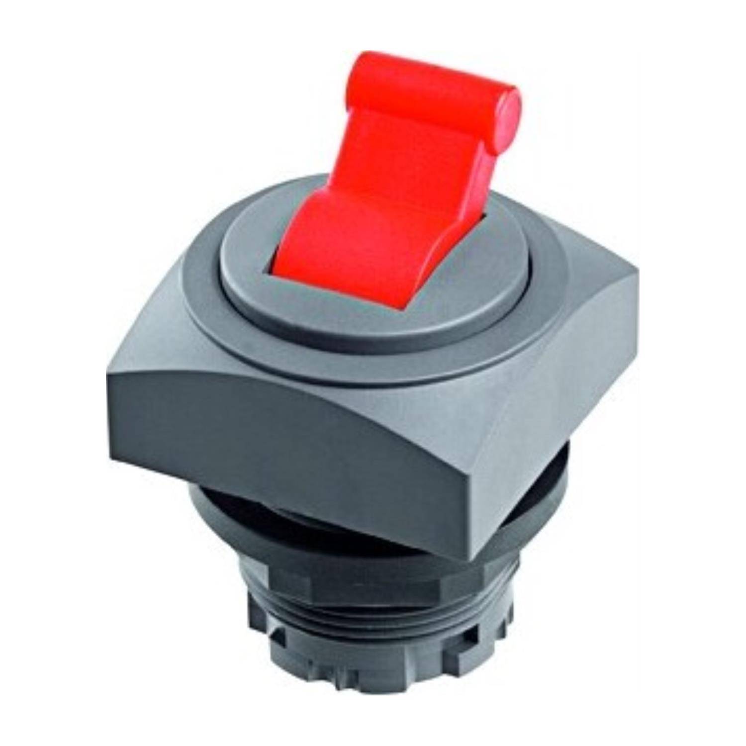 Eine rote Not-Aus-Taste auf einem schwarzen, quadratischen Hintergrund, verwendet für Sicherheit und schnelles Abschalten von Maschinen oder Geräten.