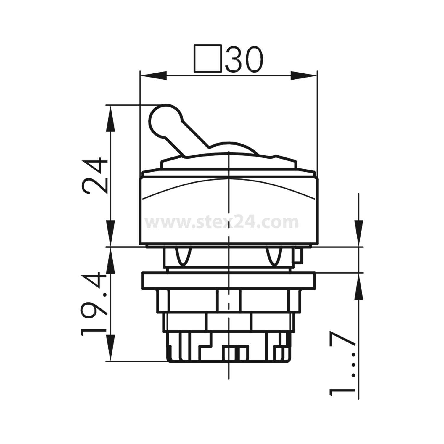 Schaltplan eines elektrischen Schalters mit Abmessungen: Obere Breite 30 mm, Höhe 24 mm, Basishöhe 19,4 mm und Komponentenhöhe 1,7 mm.