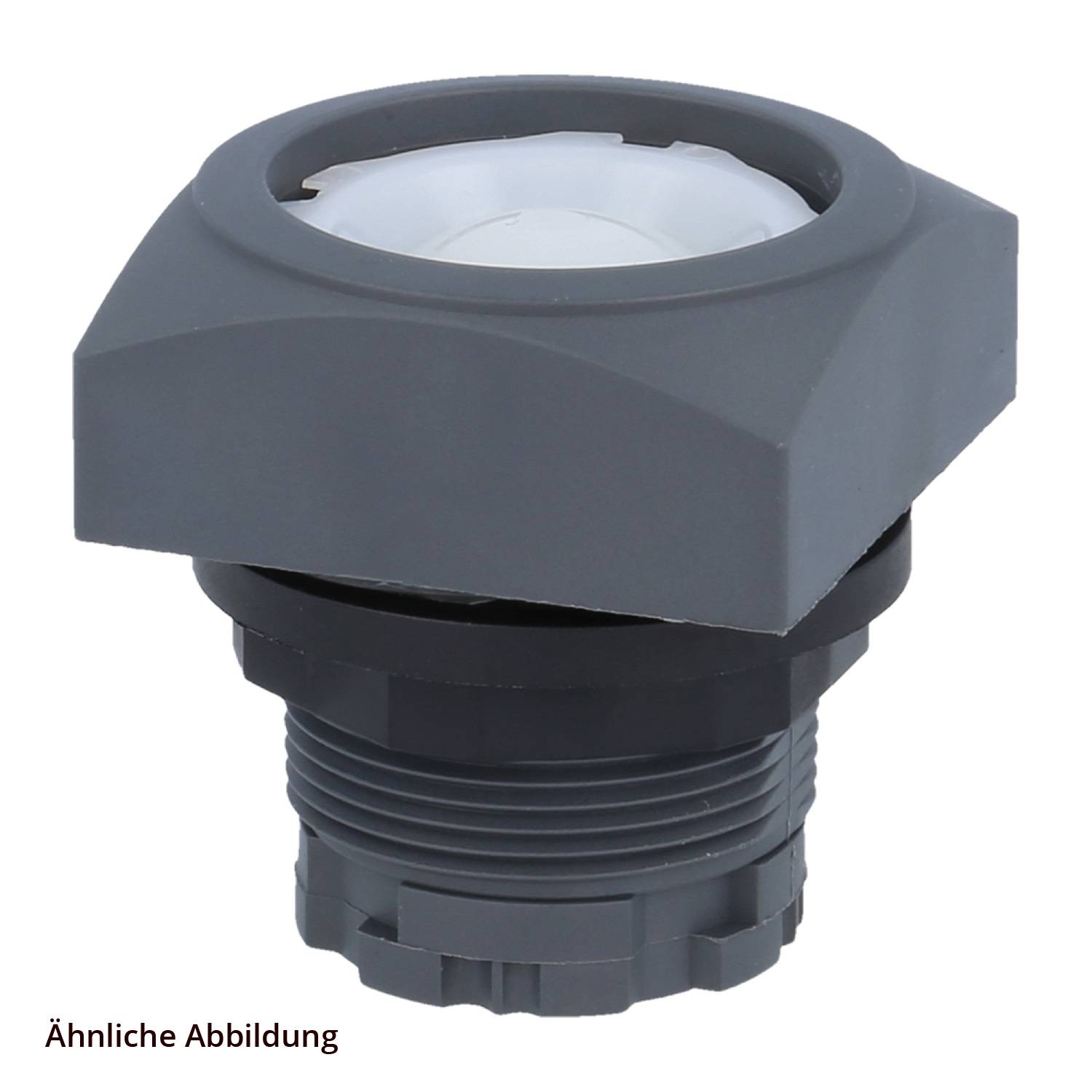 Eine schwarze Kunststoffkomponente mit einer gewindeten Basis und einem transluzenten weißen Oberteil. Sie ist für industrielle oder mechanische Anwendungen konzipiert.