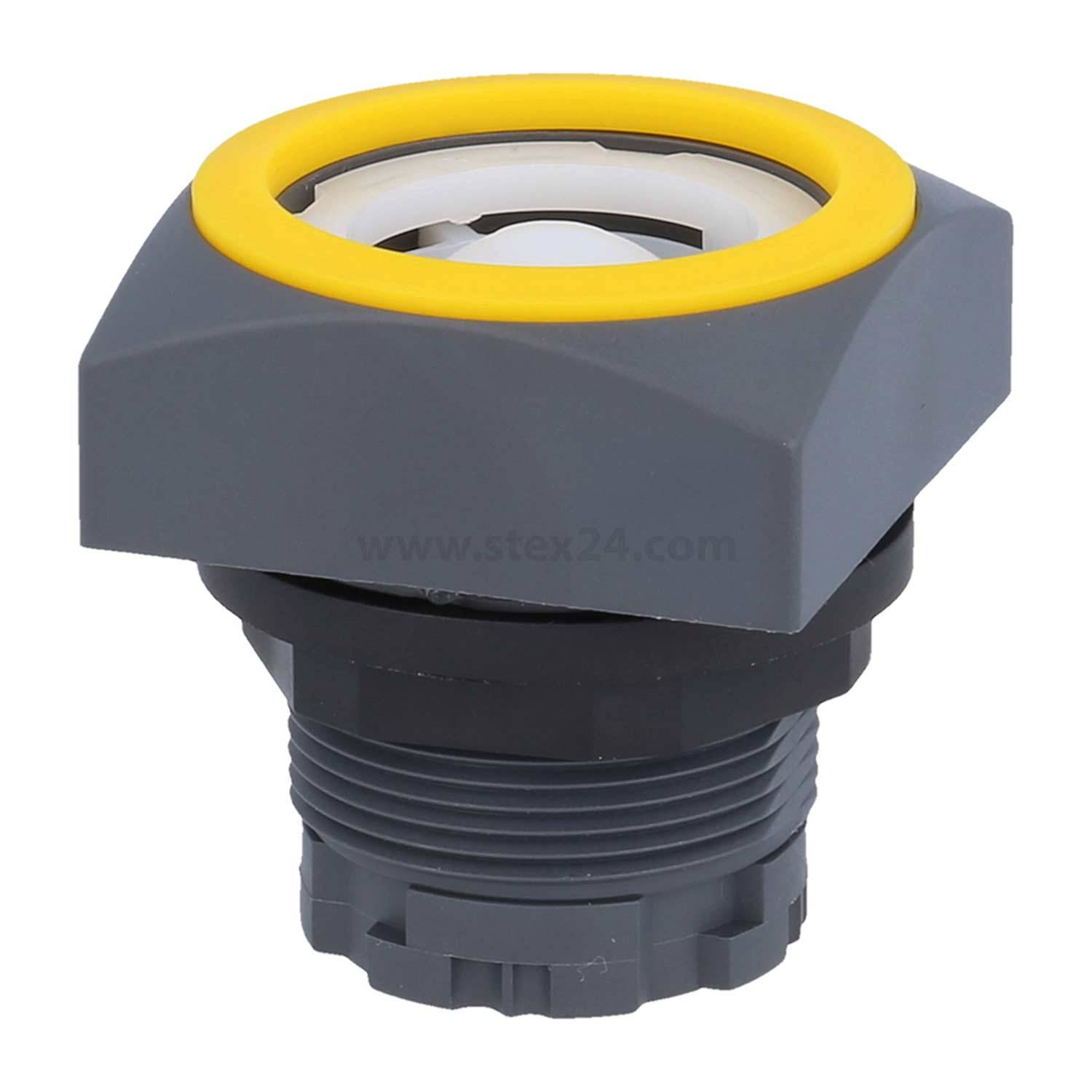 Eine graue Kunststoff-Industriekomponente mit einem runden gelben Ring an der Oberseite, die für Maschinen- oder Elektrosysteme verwendet wird, aus einem Winkel betrachtet.