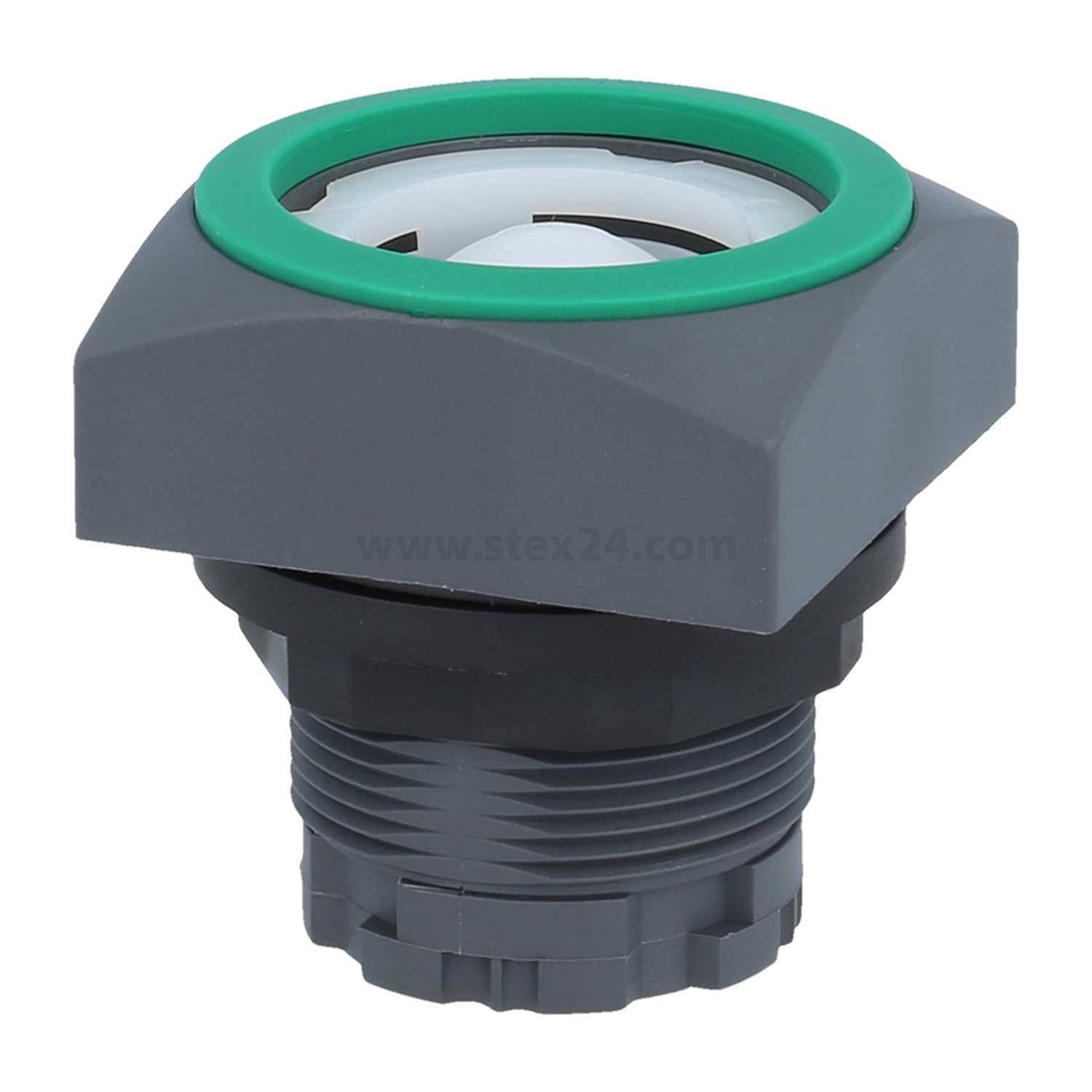 Ein schwarzer und grauer industrieller Druckknopf mit einem grünen Ring, der für Maschinensteuerung und -bedienung verwendet wird, ohne Verbindung zu einem Gerät.