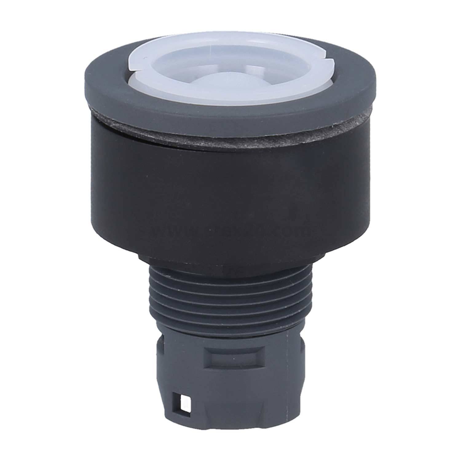 Ein schwarzes Plastikteil mit Gewindesockel, möglicherweise eine Rohrleitungs- oder mechanische Komponente, von der Seite gesehen. Es weist ein weißes kreisförmiges Element auf der Oberseite auf.