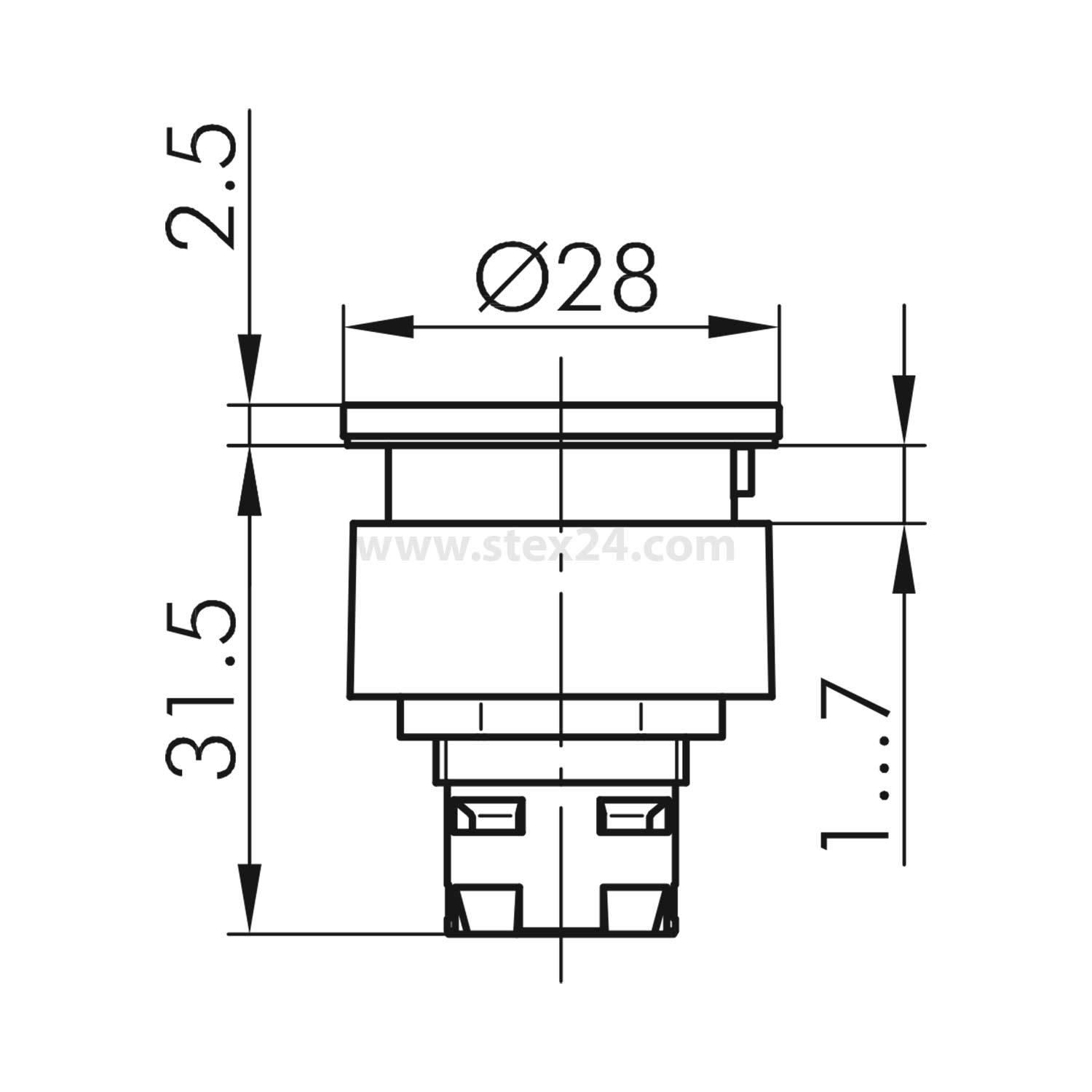 Technische Zeichnung einer Komponente mit einer kreisförmigen Oberseite von 28 mm Durchmesser und einer Gesamthöhe von 31,5 mm, beschriftet mit Maßangaben.