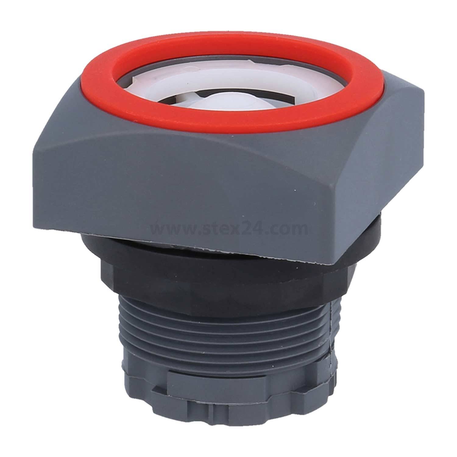 Ein sechseckiger, dunkelgrauer Drehschalter mit rotem Rand und schwarzer Gewindebasis, der in industriellen Umgebungen häufig für Bedienungspanels verwendet wird.