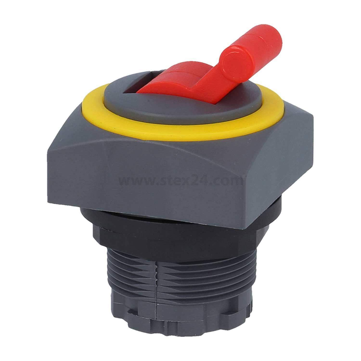 Ein grau-gelber Schalter mit einem roten Hebel, der nach oben gerichtet ist, zur Steuerung von Maschinen oder Ausrüstung.