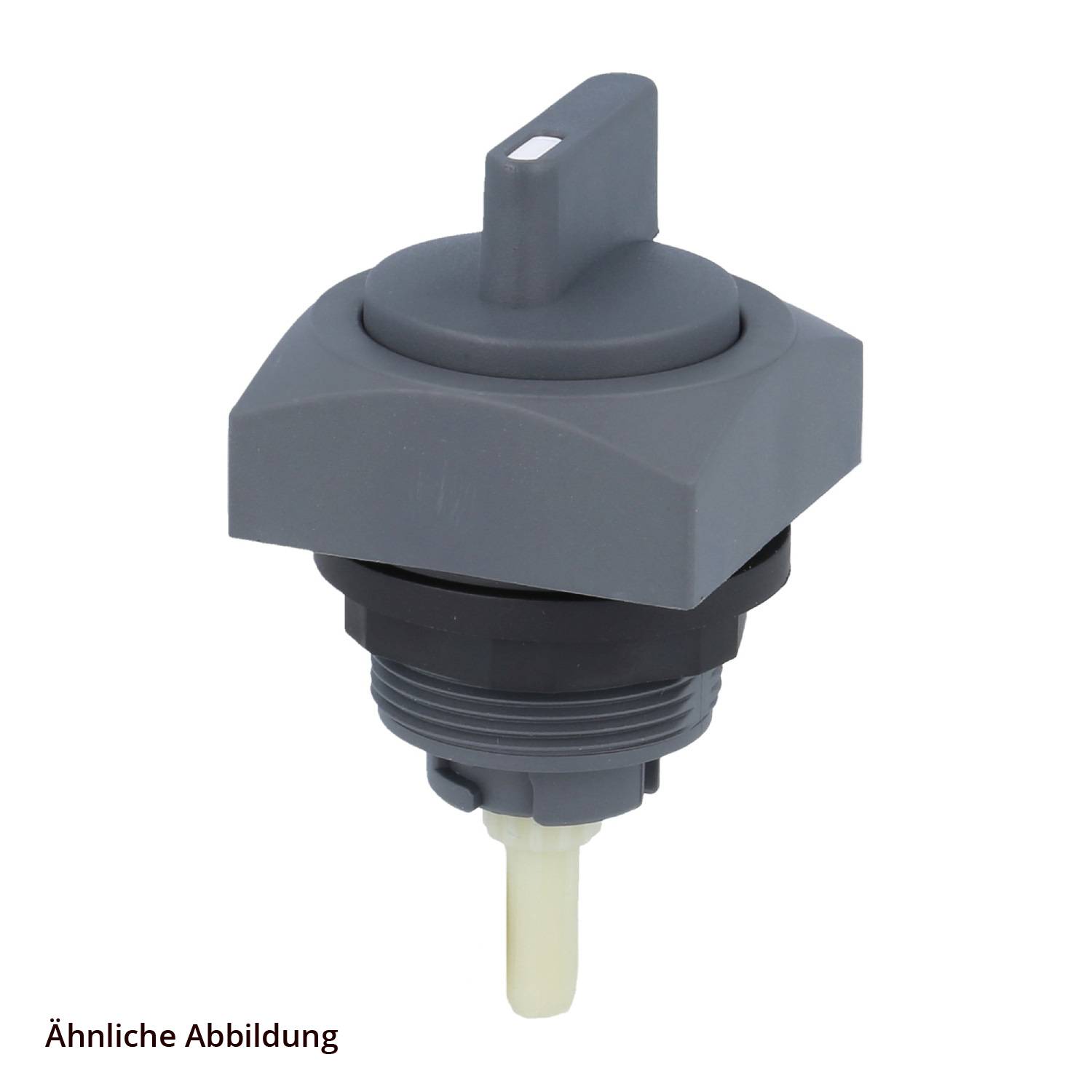 Ein grauer Drehschalter mit einem Hebel oben, montiert auf einem zylindrischen Adapter. Eine weiße Verlängerung ragt von unten hervor.
