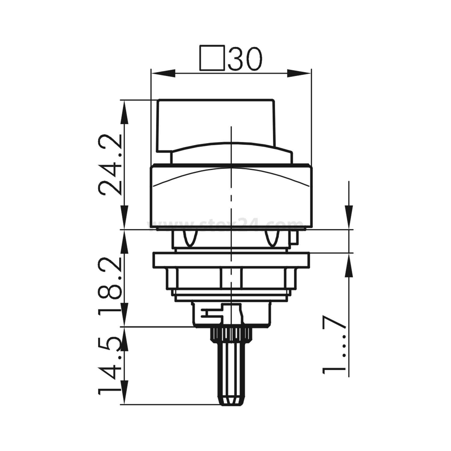 Beschriftete technische Zeichnung eines Joystick-Schalters mit markierten Abmessungen von 30 mm, 24,2 mm, 18,2 mm, 14,5 mm.