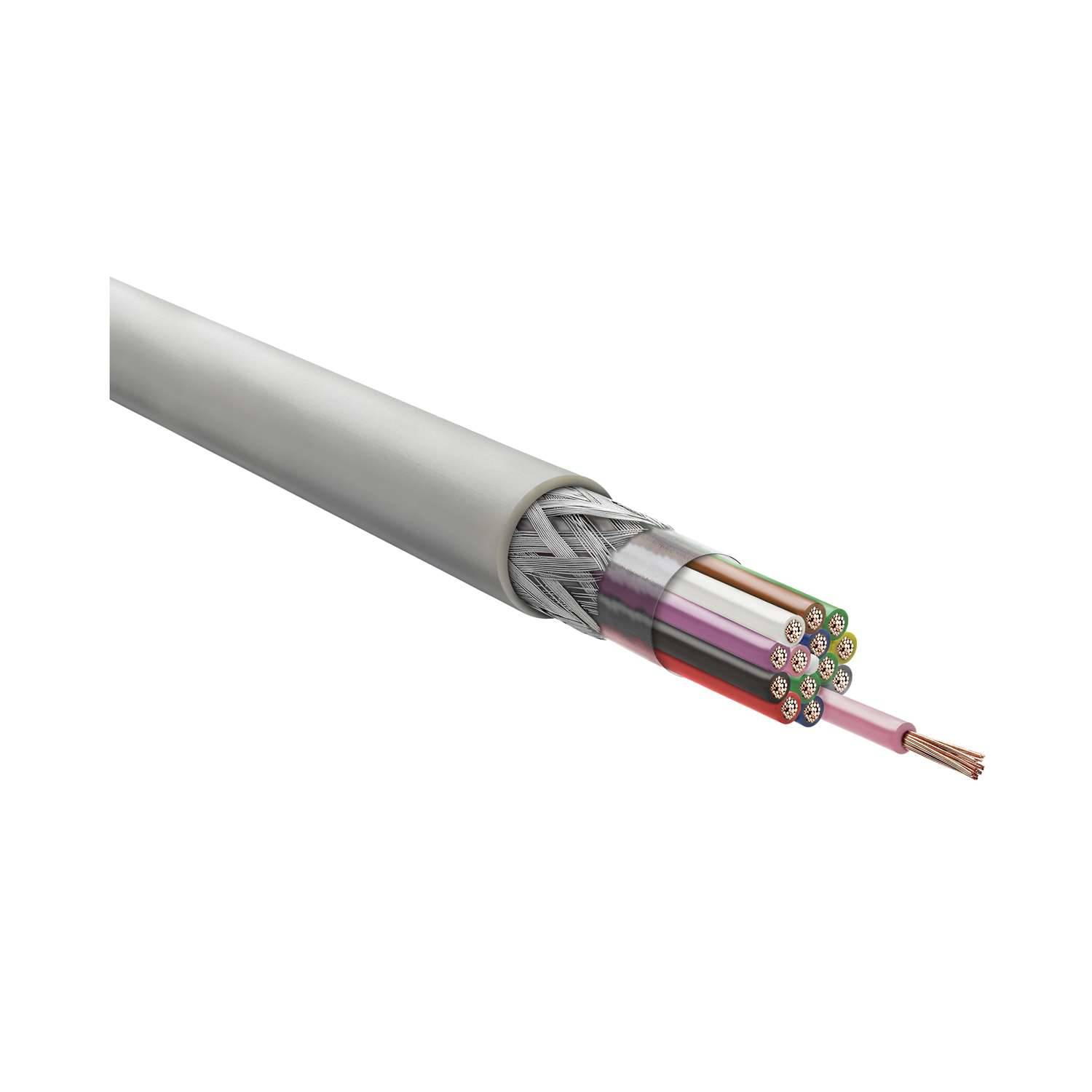 Ein Querschnittsblick einer aufgerollten elektrischen Leitung, die mehrere farbige Drähte zeigt, die von Isolierung und schützenden äußeren Schichten umgeben sind.