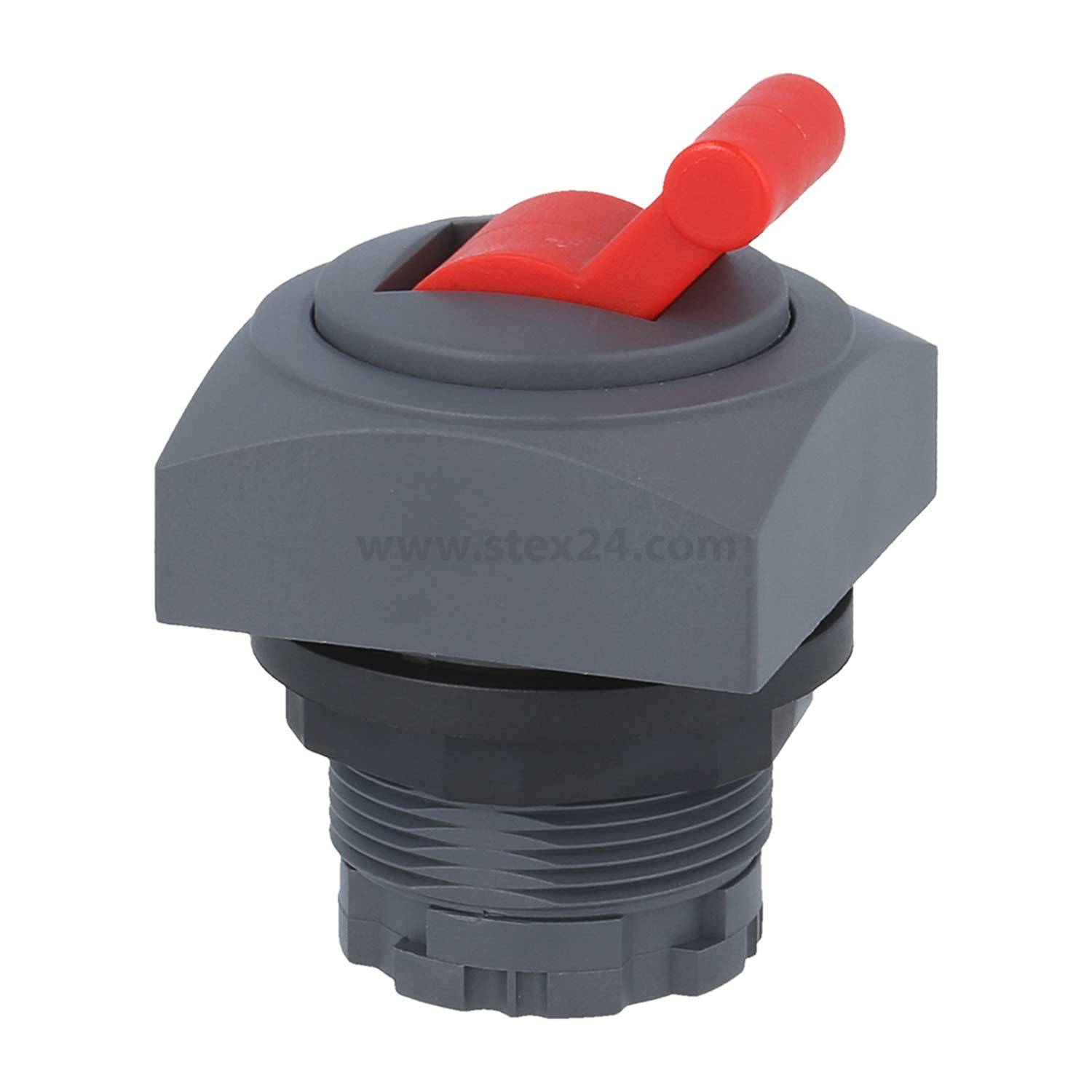 Ein grauer industrieller Schalter mit einem roten Hebel, zur Tafeleinbaumontage konzipiert.