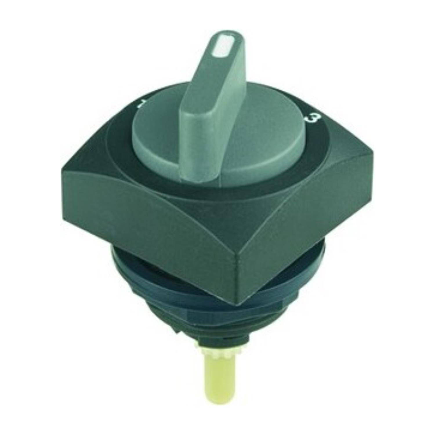 Schwarzer Dreiwege-Drehschalter mit beschrifteten Einstellungen: 1, 0, 2.