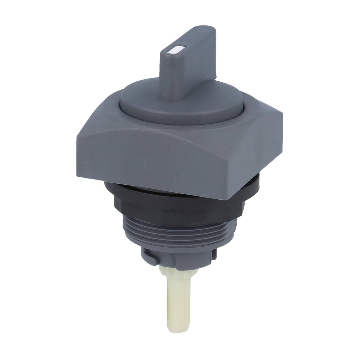 Ein grauer Drehschalter mit einem vertikalen Stellhebel, der vor einem weißen Hintergrund gezeigt wird und für industrielle oder elektrische Anwendungen verwendet wird.