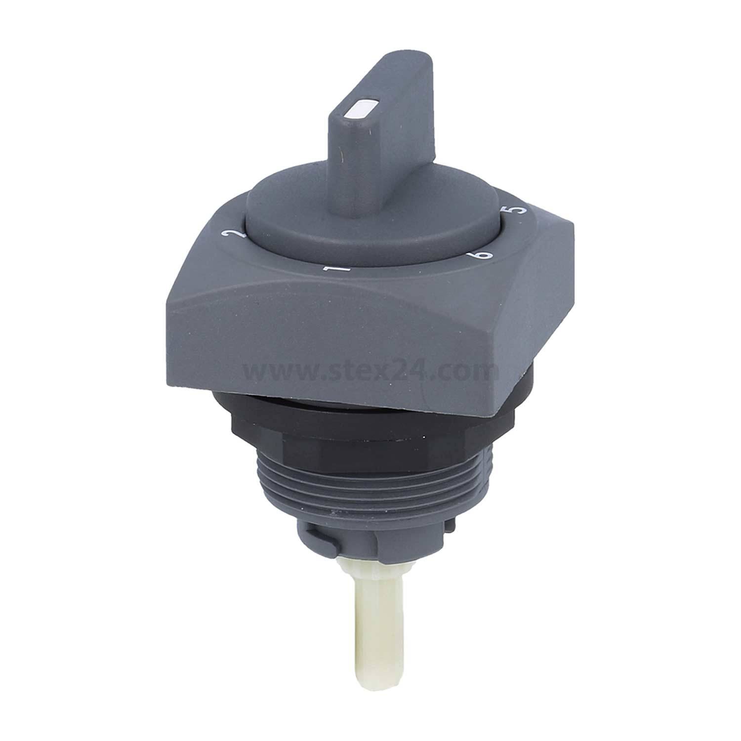 Schwarzer Drehschalter mit Positionen von 0 bis 3, montiert auf einer grauen sechseckigen Basis, verwendet zur Steuerung elektrischer Geräte.