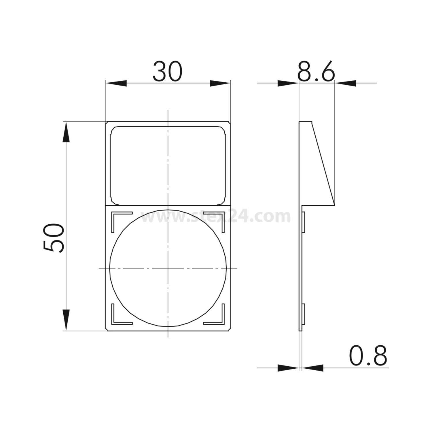 Technische Zeichnung einer rechteckigen Komponente mit Abmessungen: 50 mm Höhe, 30 mm Breite, 8,6 mm Tiefe, 0,8 mm Wandstärke.