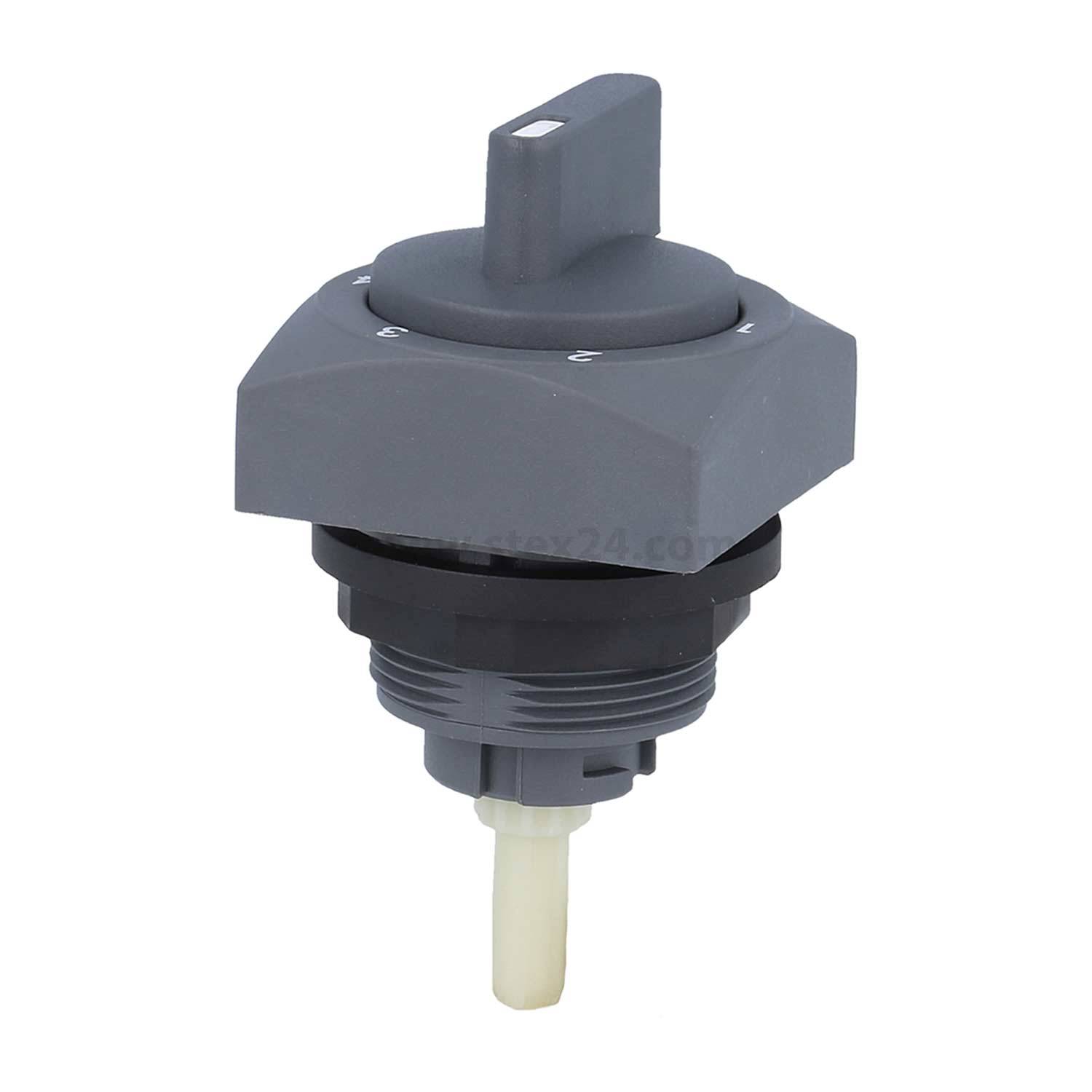 Ein grauer Drehschalter mit einem vertikalen Griff, der auf einer sechseckigen Basis montiert ist. Der Schalter verfügt über Gewindeteile unterhalb für die Installation.