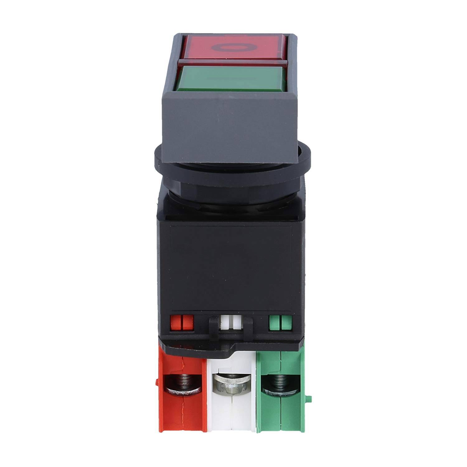 Zwei rechteckige Drucktasten, eine rot und eine grün, vertikal übereinander auf einer schwarzen Basis mit farbigen Anschlüssen am unteren Ende.