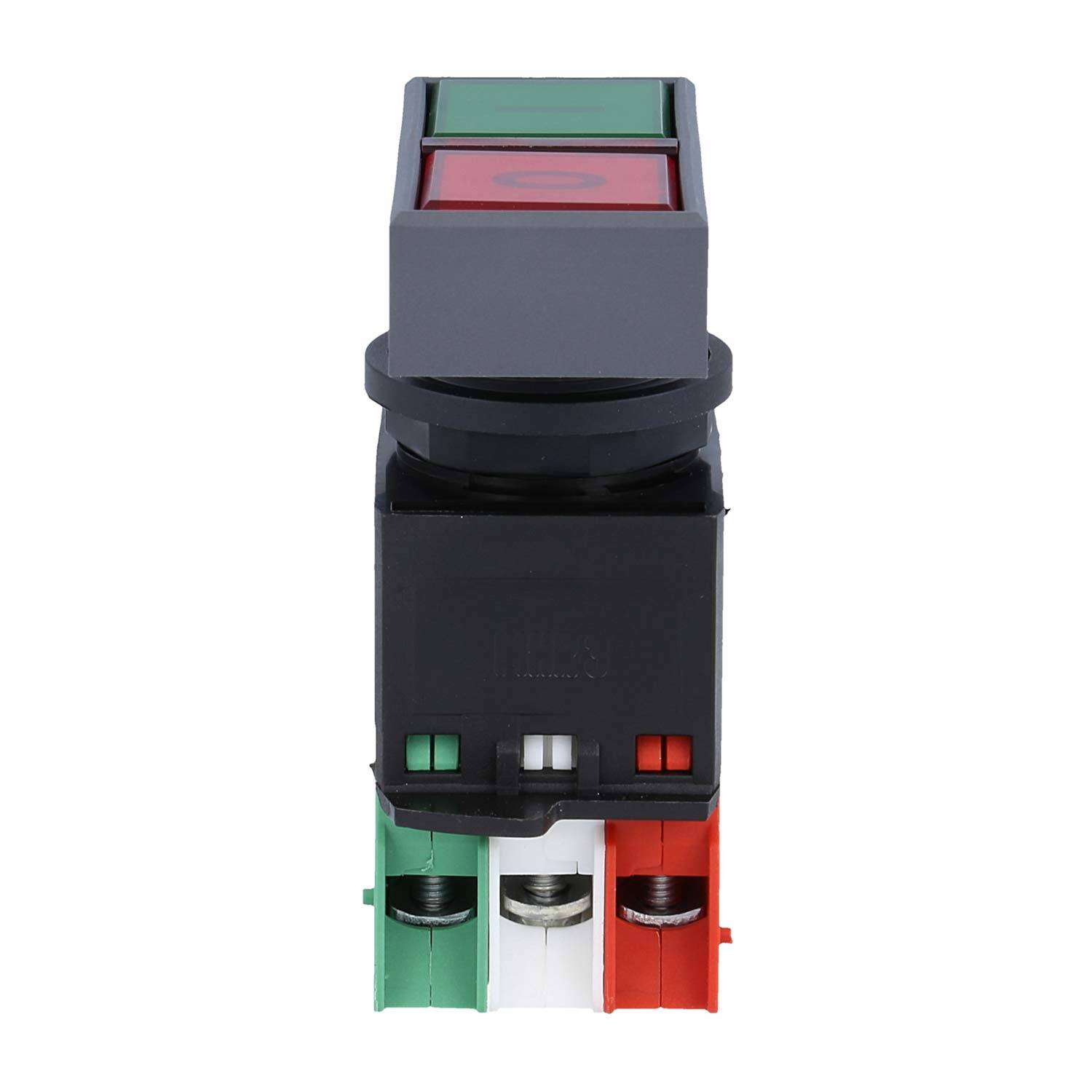 Ein quadratischer elektrischer Drucktastenschalter mit grünen und roten Tasten, montiert auf einem rechteckigen Gehäuse mit roten, grünen und weißen Anschlüssen.