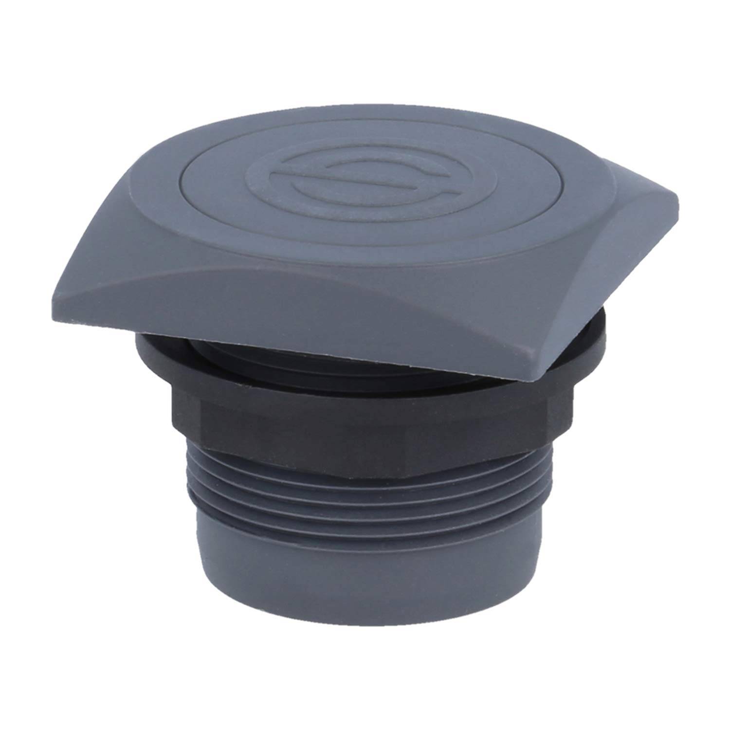 Grauer Kunststoffstopfen mit strukturierter kreisförmiger Oberfläche und Gewindeschraube, konzipiert zum Abdichten oder Verschließen von Rohren oder Öffnungen.
