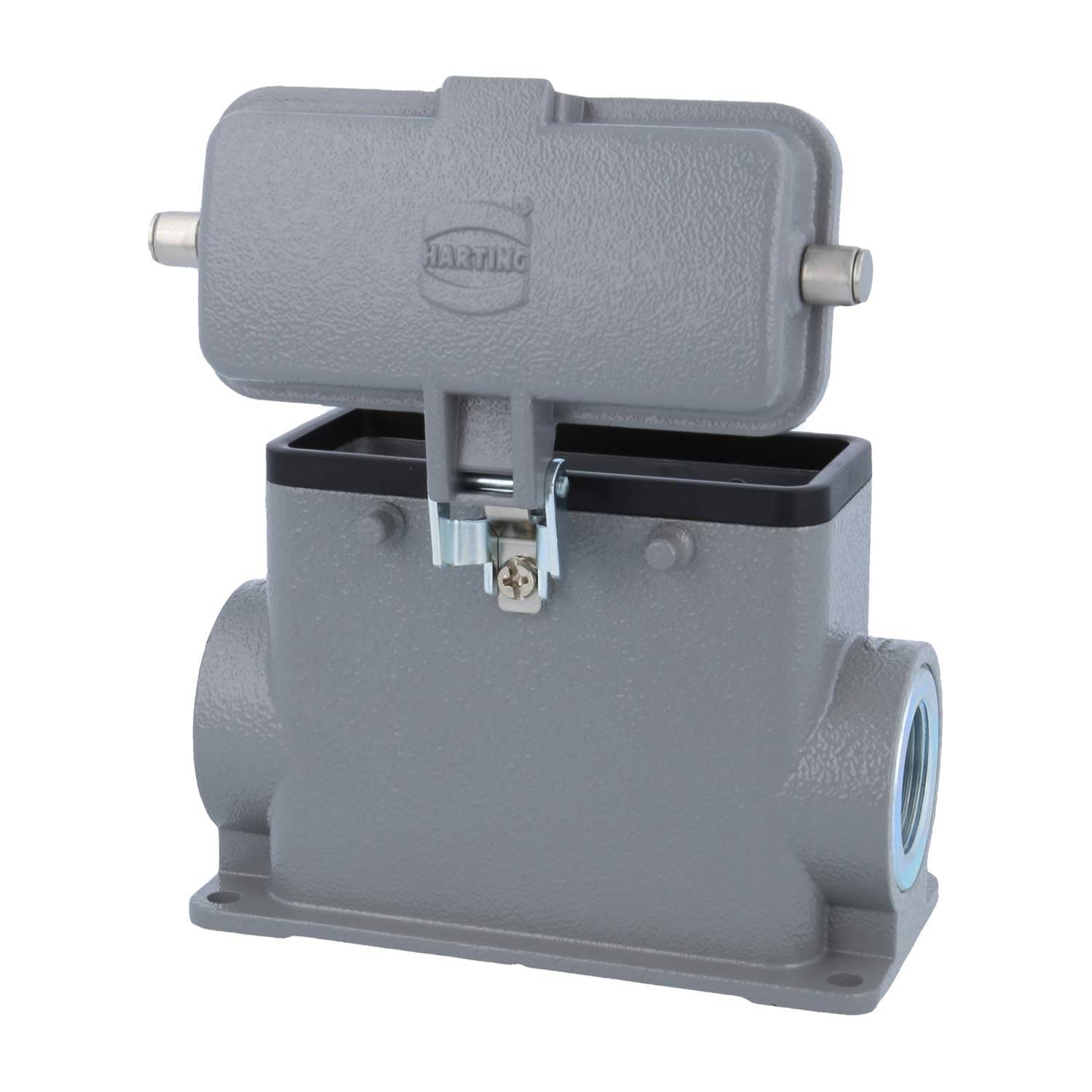 Ein grau-farbenes, rechteckiges industrielles Anschlussgehäuse mit geschlossenem Deckel und seitlichen Öffnungen, das für elektrische Anschlüsse und Schutz verwendet wird.