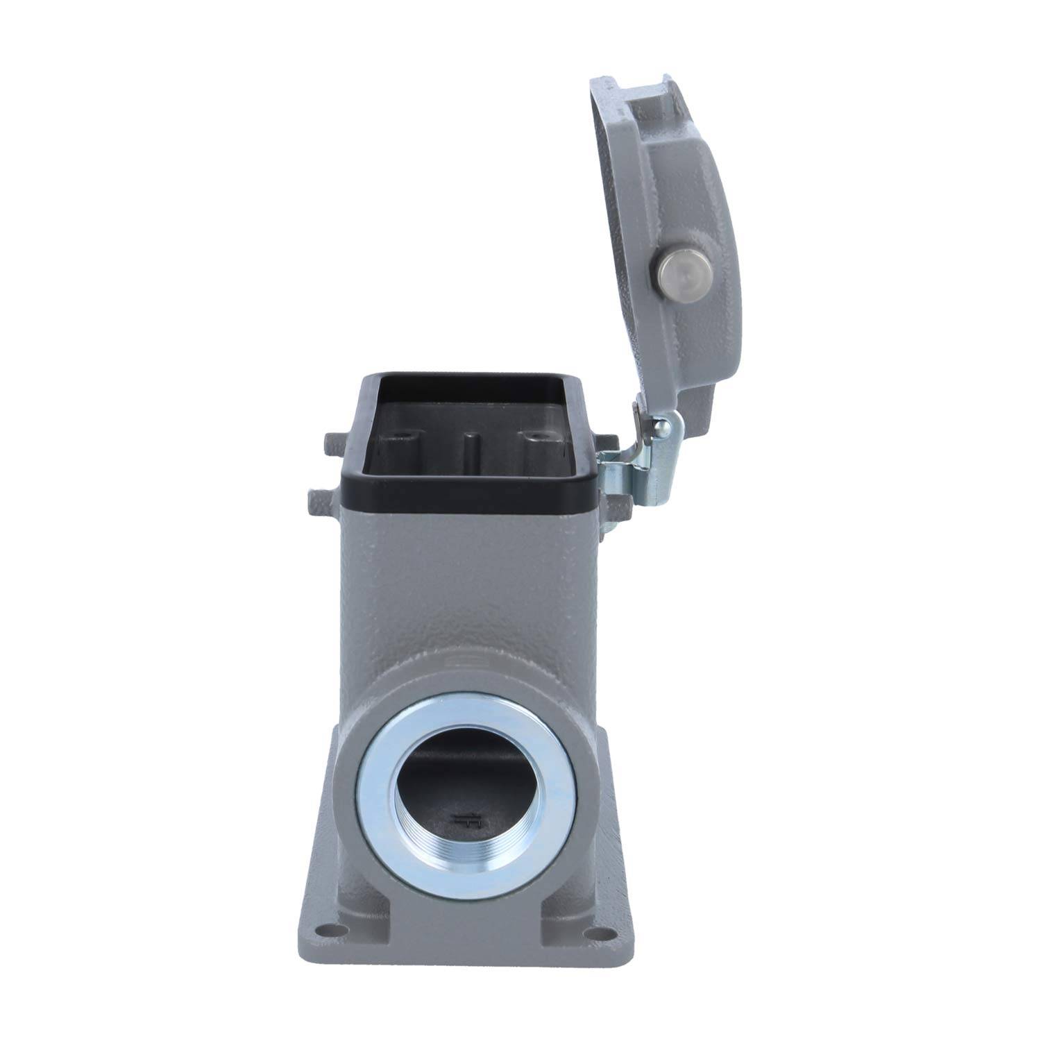 Elektrischer Verbindungsgehäuse mit einer offenen Schutzabdeckung, geeignet für industrielle Anwendungen.