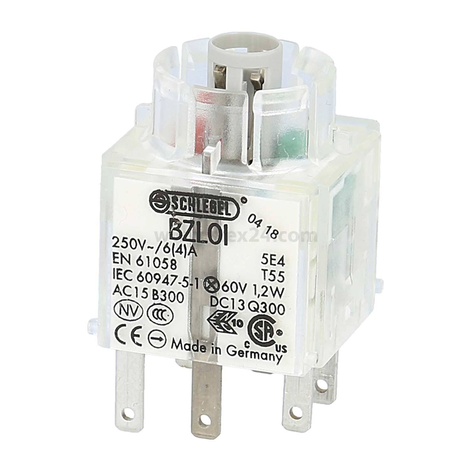 Ein transparenter elektrischer Schalter mit mehreren Metallzacken, beschriftet mit ‚Schneider BZL01', der Spannungs- und Stromspezifikationen zeigt.