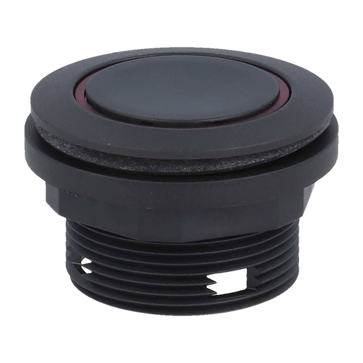 Ein schwarzer, runder Drucktaster mit Gewindesockel, verwendet für elektronische Geräte oder Maschinensteuerung.