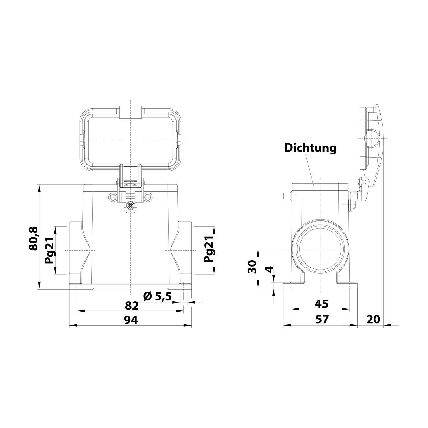 Technische Zeichnung einer mechanischen Komponente mit markierten Maßen. Enthält Details wie Breite, Höhe und Durchmesser. Text: Dichtung.