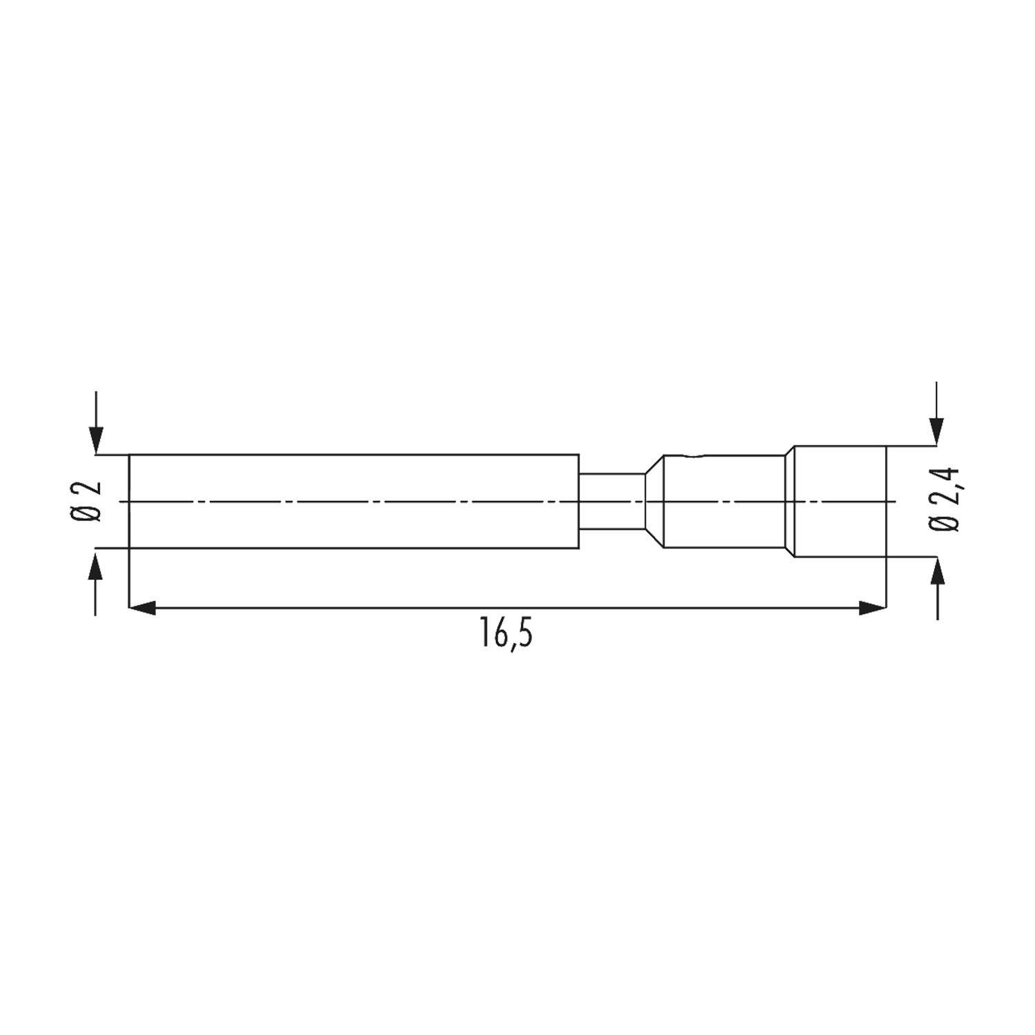 Technische Zeichnung eines zylindrischen Metallbauteils mit einer Gesamtlänge von 16,5 mm, die eine Durchmesseränderung von 2 mm auf 2,4 mm zeigt.