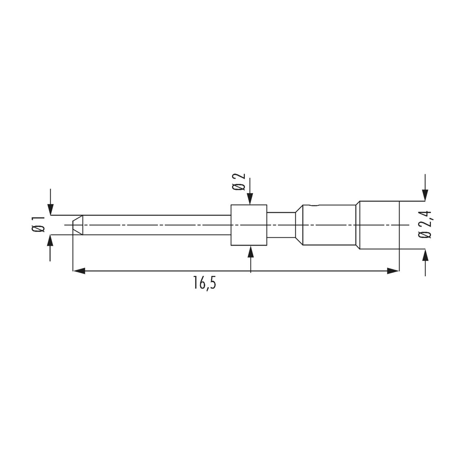 Technische Zeichnung eines zylindrischen Metallstifts mit einer Länge von 16,5 mm. Der Durchmesser variiert, mit Markierungen für Ø1, Ø2 und Ø2,4.