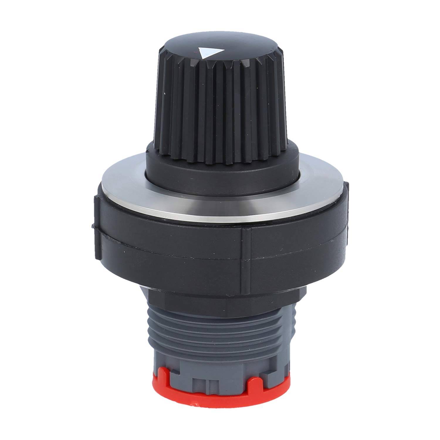 Ein schwarzer Drehknopf mit einem weißen dreieckigen Zeiger oben, der zur Steuerung oder Einstellung von Geräten verwendet wird, vor einem einfarbigen Hintergrund gezeigt.