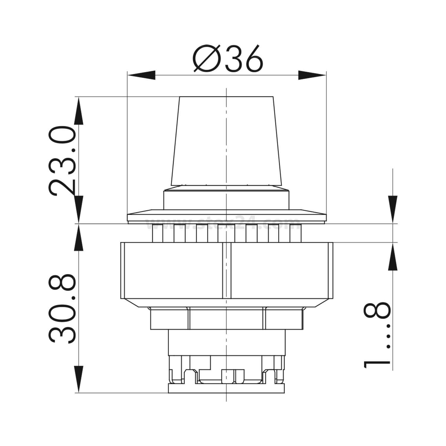 Technische Zeichnung einer zylindrischen Komponente, beschriftet mit Abmessungen: 36 mm Durchmesser, 23 mm Höhe, zwei Abschnitte mit 30,8 mm und 18 mm Länge.