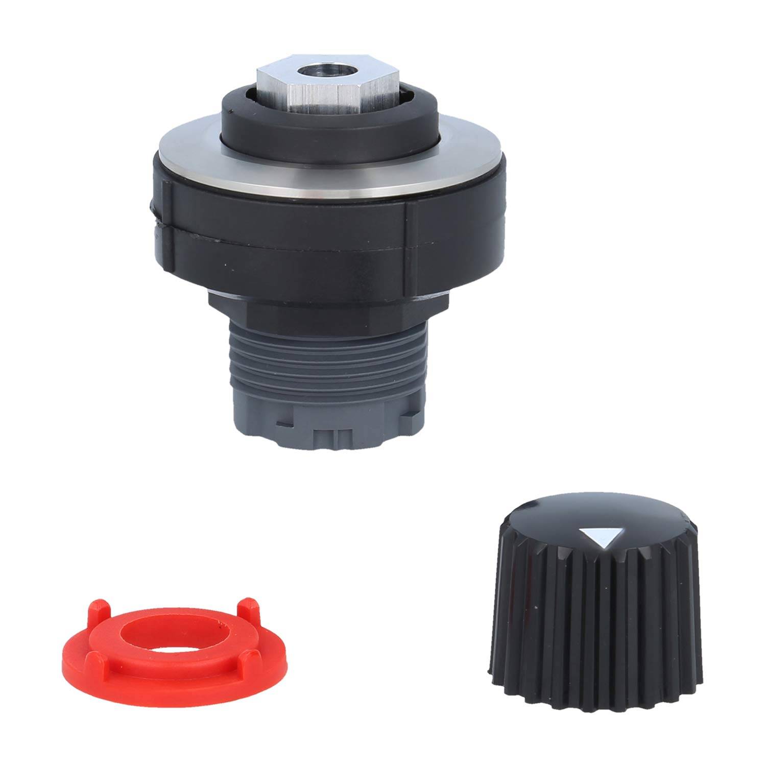 Ein schwarzer Drehknopf mit einem dreieckigen Indikator, eine rote Kreiskomponente und ein sechseckiger Anschluss, alle verwendet für die Maschinensteuerungsmontage.