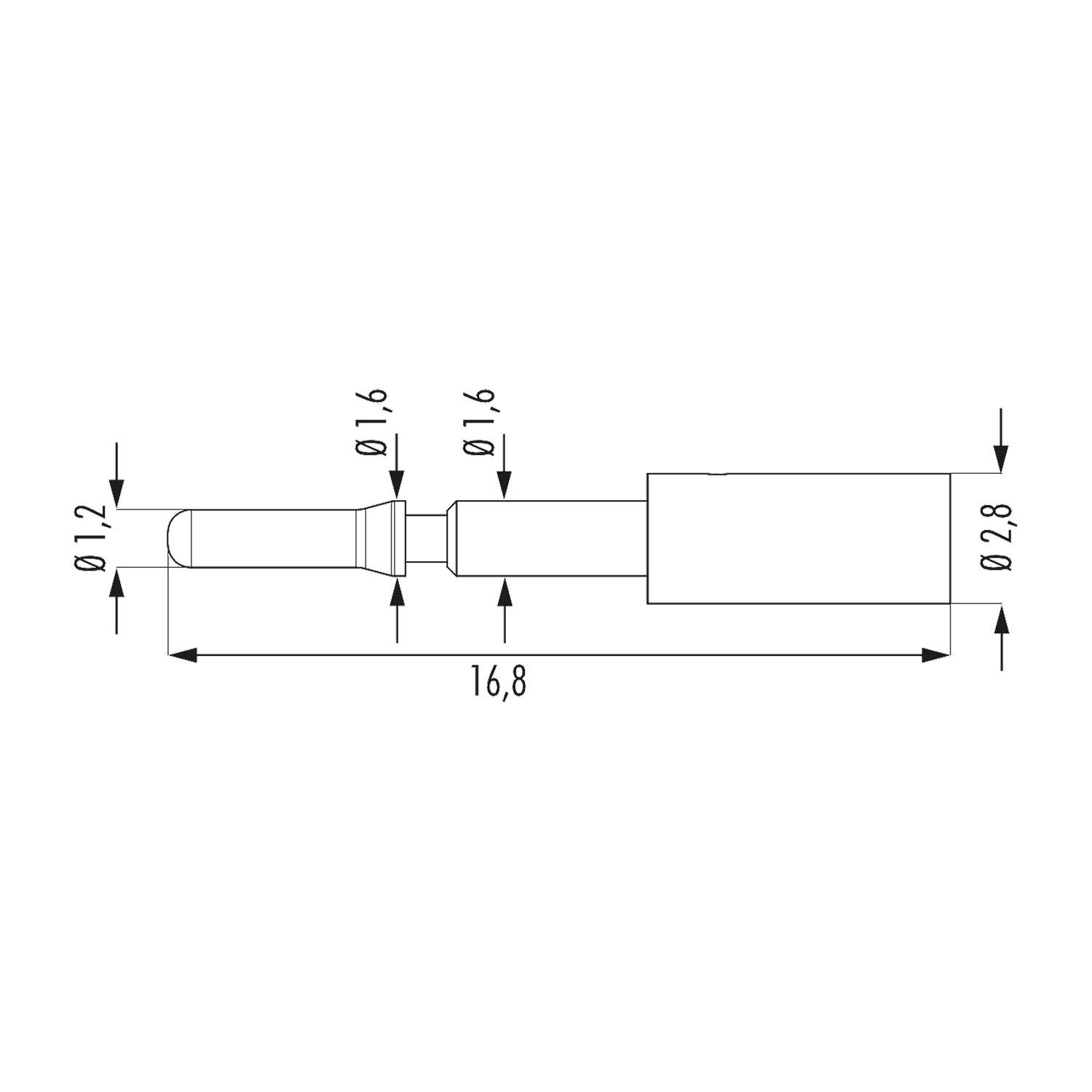 Diagramm eines zylindrischen Objekts mit Abmessungen: Länge 16,8 mm, Hauptdurchmesser 2,8 mm und Durchmesser der kleineren Abschnitte 1,2 mm und 1,6 mm.