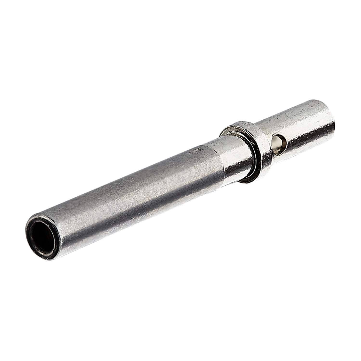 Eine Nahaufnahme eines Metallzylinders mit einem kleinen Loch und Rillen, möglicherweise eine mechanische Komponente oder ein Werkzeugbestandteil.