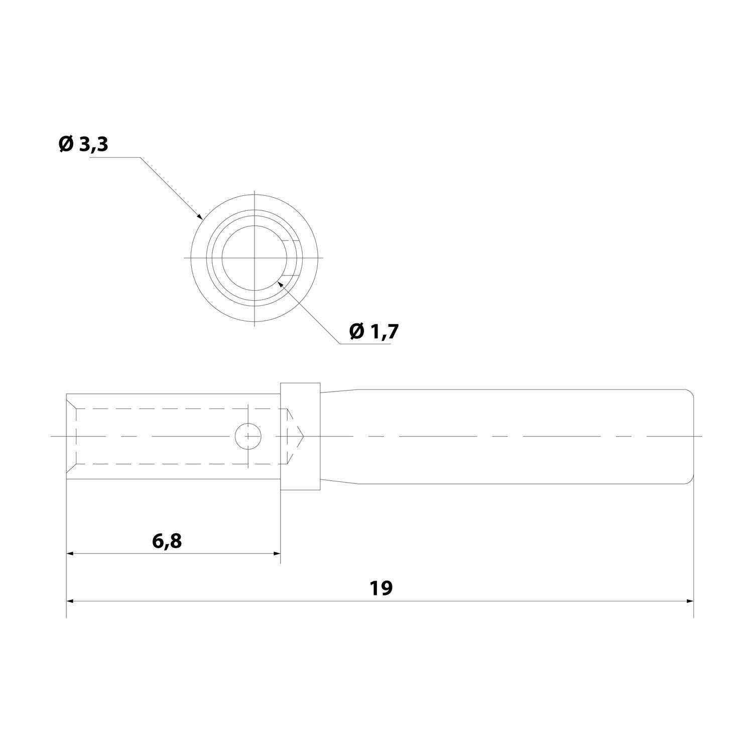 Technische Zeichnung eines zylindrischen Objekts, 19 Einheiten lang, mit einer Seitenansicht und Draufsicht eines Durchmesserendes, das 3,3 Einheiten misst, und einem inneren Kreis von 1,7 Einheiten. Längenschnitt gekennzeichnet mit 6,8 Einheiten.