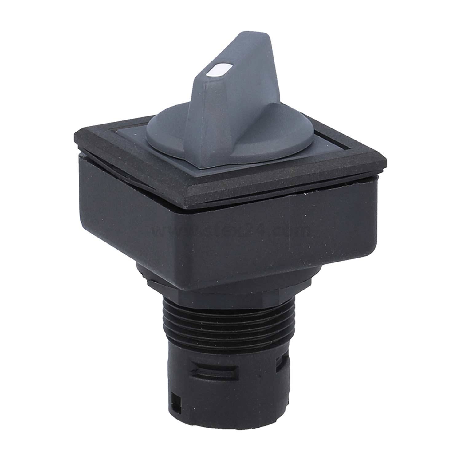 Ein schwarzer Drehschalter mit einem grauen Knopf, verwendet zur Steuerung elektrischer Schaltkreise, isoliert auf weißem Hintergrund dargestellt.