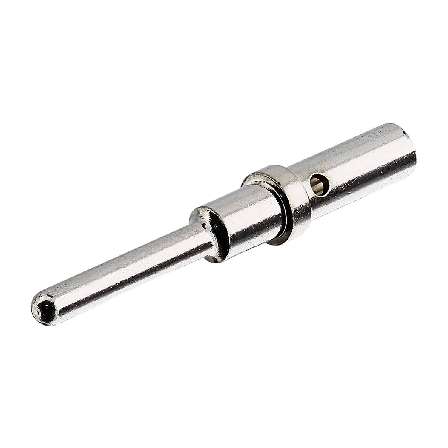 Ein silberner Metallstift mit zylindrischer Form und einem kleineren Stift, der von einem Ende ausgeht, möglicherweise als Verbinder oder Scharnierteils verwendet.