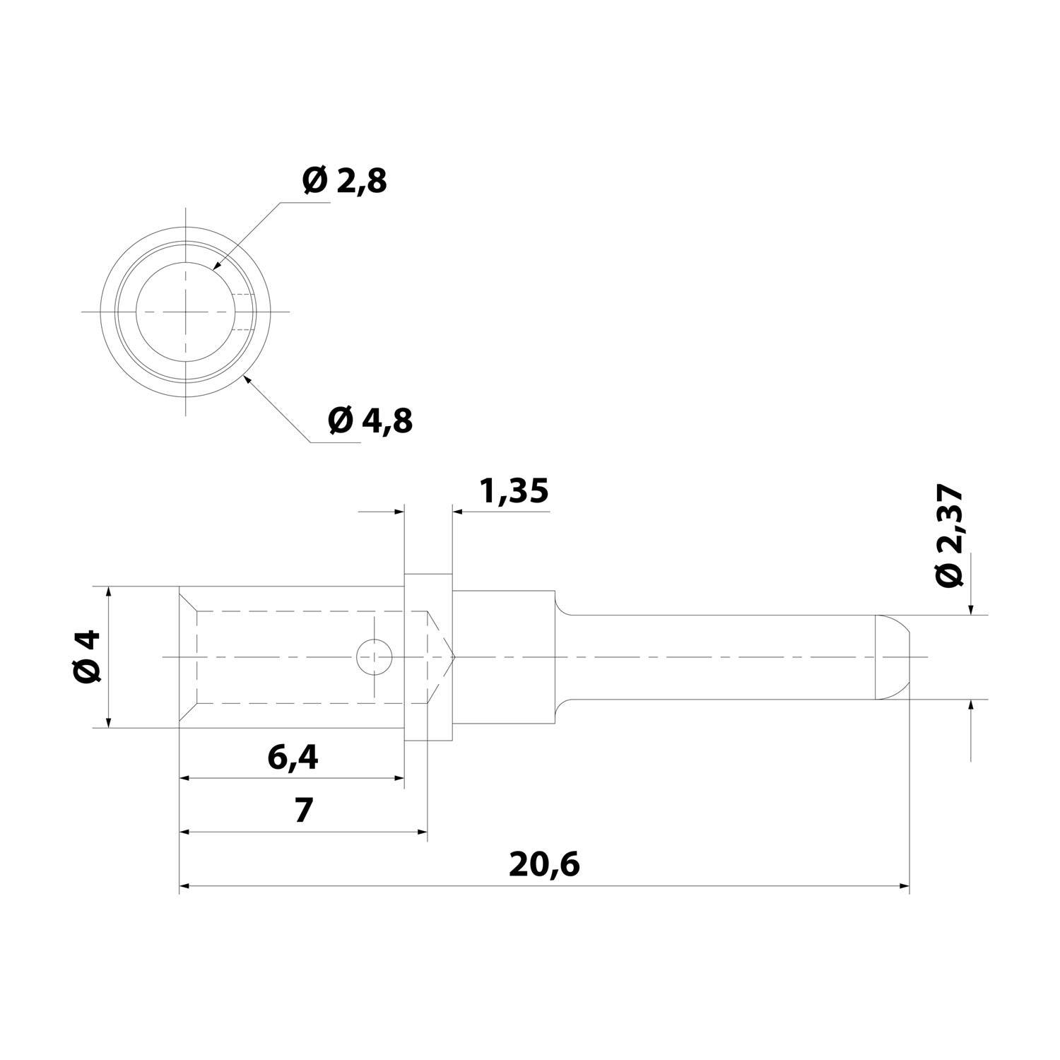 Technische Zeichnung einer zylindrischen Komponente mit Maßen: Länge 20,6, Durchmesser 4,8, Mittelloch-Durchmesser 2,8 und zusätzlich markierte Dimensionen.