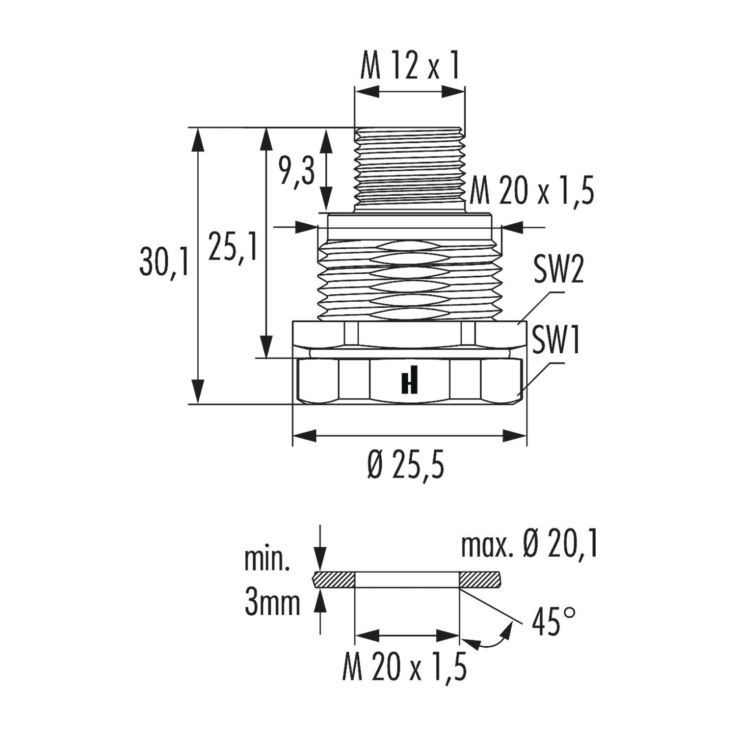 Eine technische Zeichnung einer Gewindebauteils, die Abmessungen zeigt: oben M 12 x 1, unten M 20 x 1,5, Höhe 30,1 mm, mit Schlüsselweiten SW1 und SW2.
