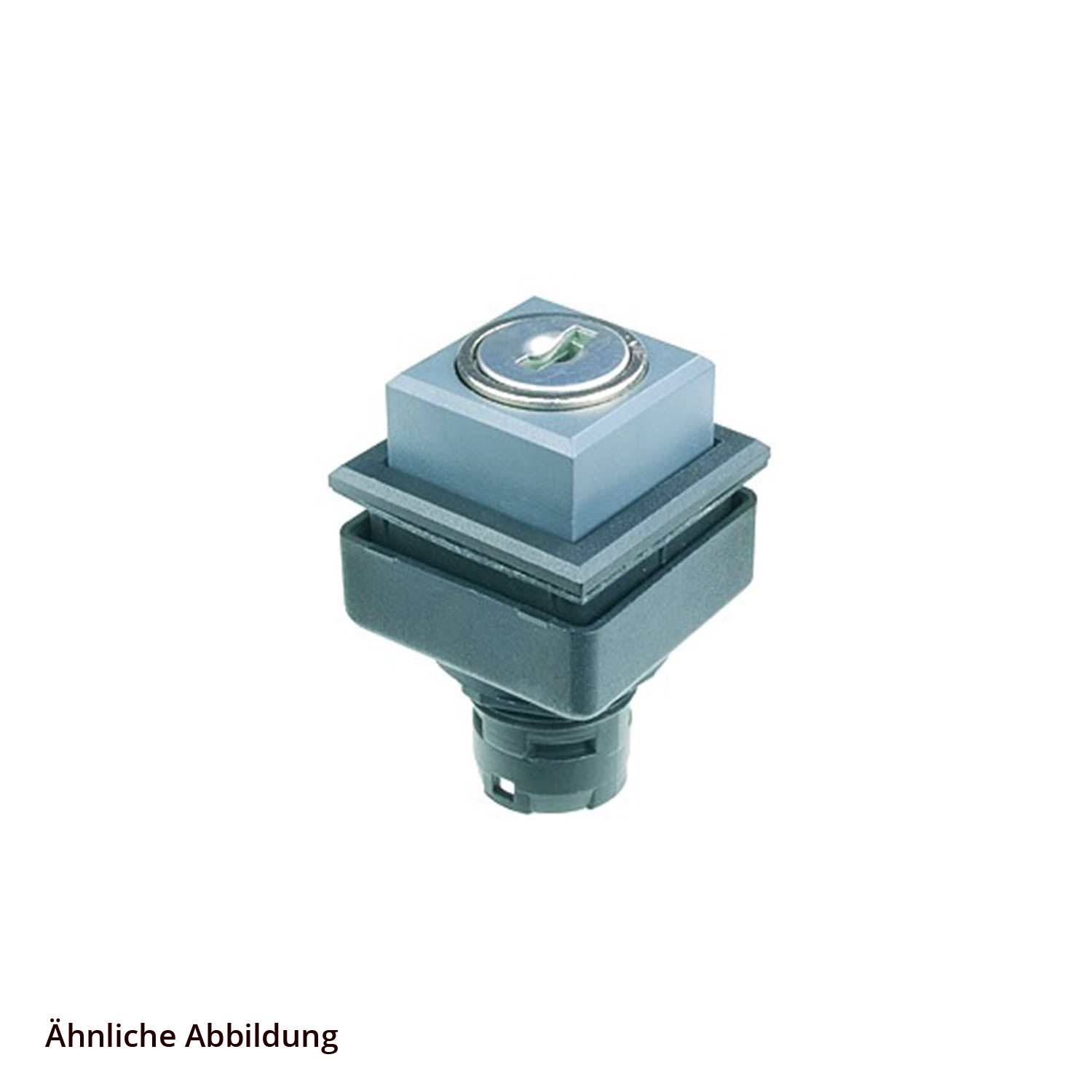 Ein Drucktastenschalter mit einem quadratischen, transluzenten Knopf auf einer schwarzen Basis, der häufig in Kontrollpanels verwendet wird.