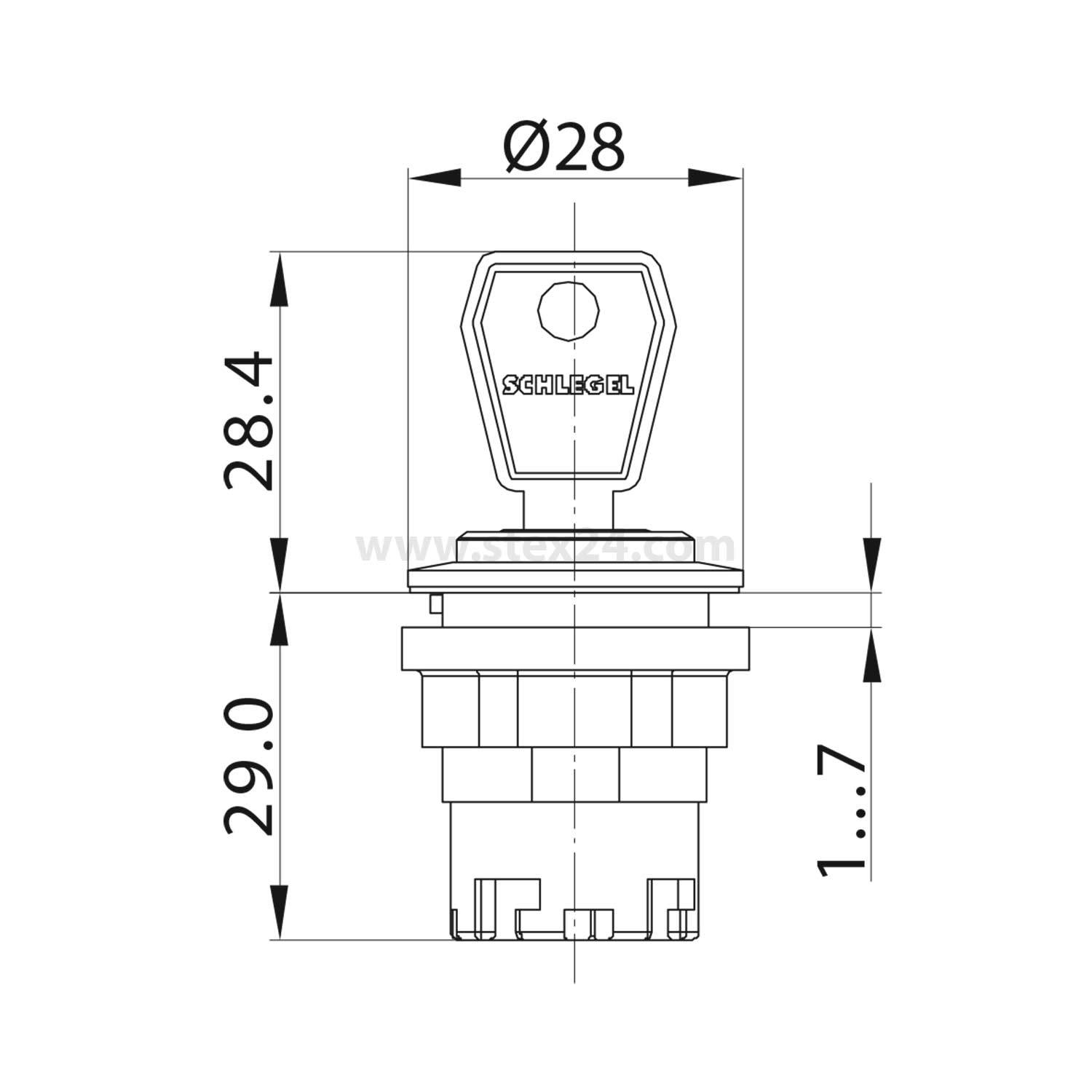 Technische Zeichnung eines schlüsselbetätigten Schalters mit beschrifteten Abmessungen: Durchmesser 28 mm, Höhe 28,4 mm und Basisnhöhe 29,0 mm.