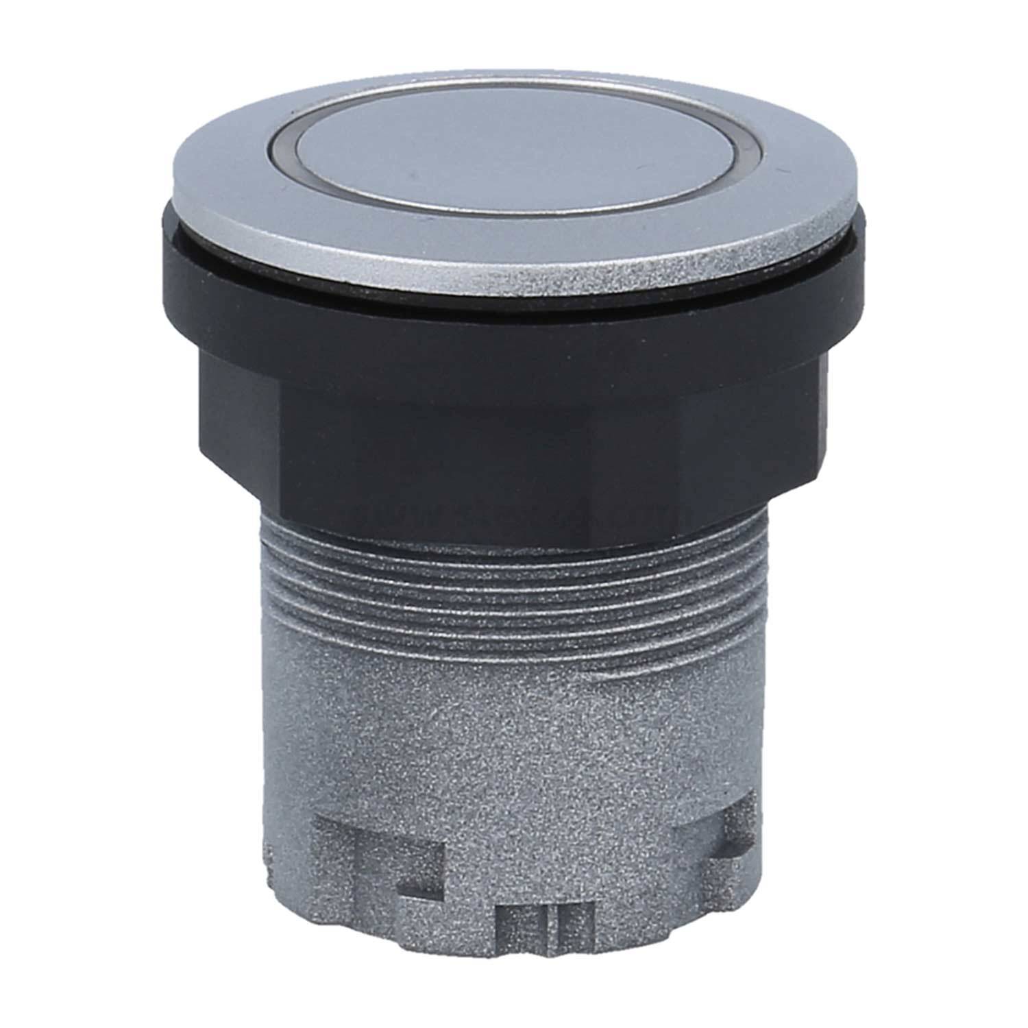 Runder industrieller Taster mit silberner Oberseite und schwarzer Basis, für Einbaumontage konzipiert. Er verfügt über geriffelte Seiten für eine sichere Befestigung.