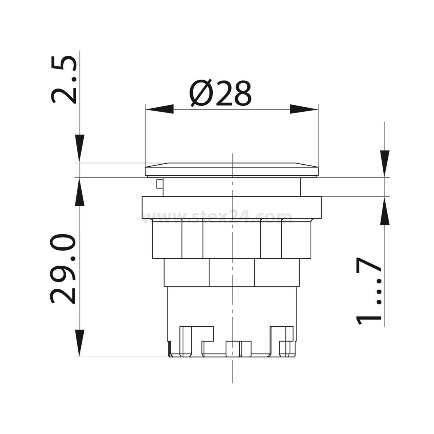 Technische Zeichnung eines Knopfes mit Dimensionen, die eine Dicke von 2,5 mm, einen Durchmesser von 28 mm sowie Höhen von 1 bis 7 mm und 29 mm zeigt.
