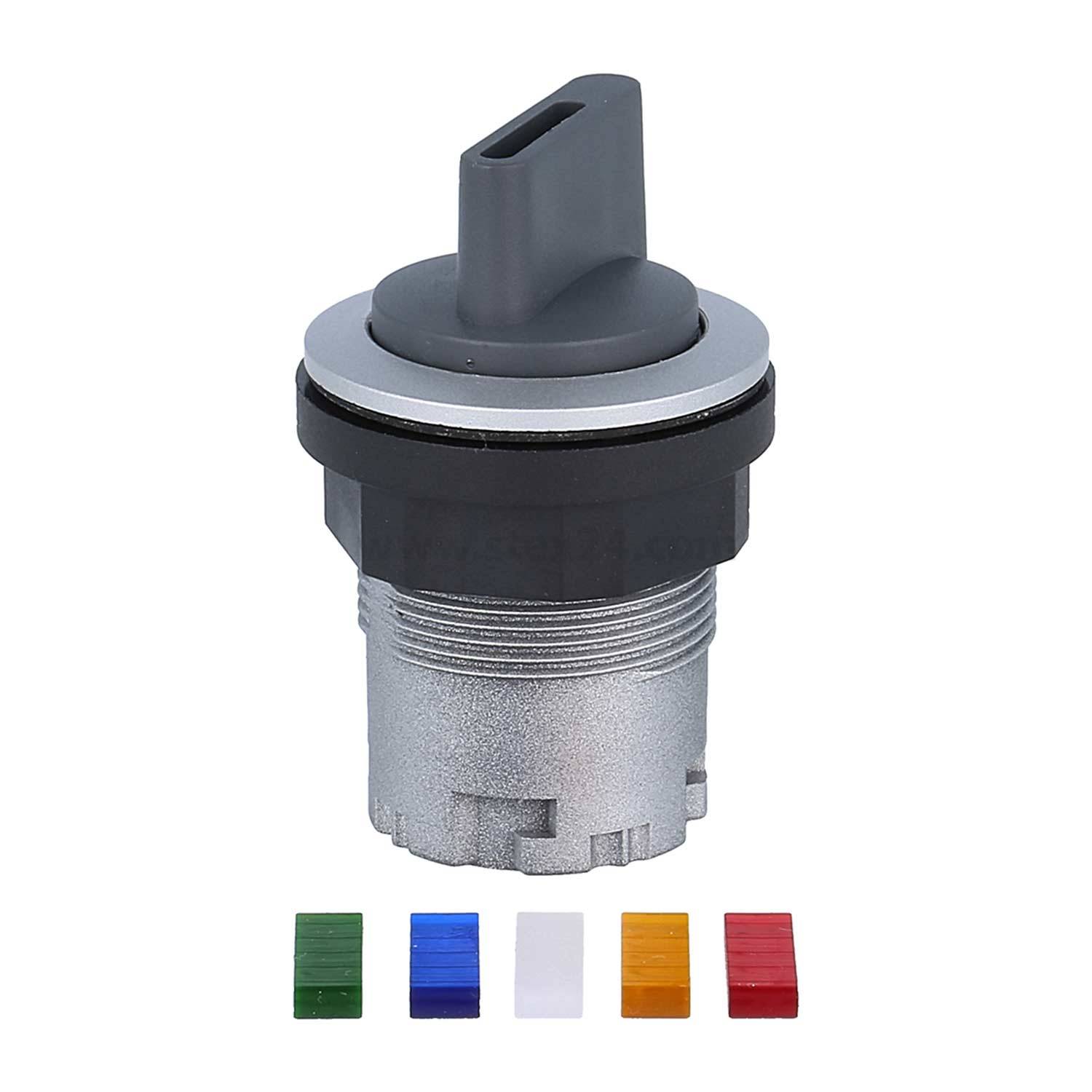 Drehschalter mit grauem Hebel, silberner Basis und fünf austauschbaren farbigen Einsätzen: grün, blau, weiß, orange und rot.