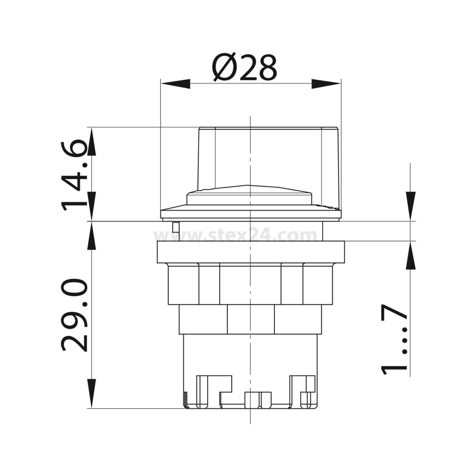 Technische Zeichnung einer kreisförmigen Komponente mit Maßangaben: Durchmesser 28 mm, Höhe 29 mm, Kappenhöhe 14,6 mm, Basishöhe 1-7 mm.